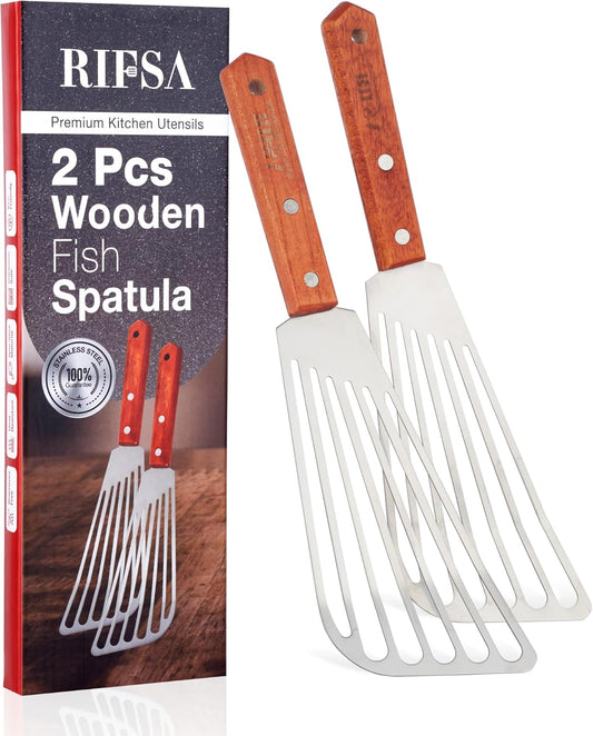 Fish Spatula Stainless Steel 2 Slotted Fish Spatulas for Nonstick Cookware - Elegant Silver Finish Turner Spatula with Ergonomic Wooden Grip Size 11” Blade Ideal for Home and Professional Chefs