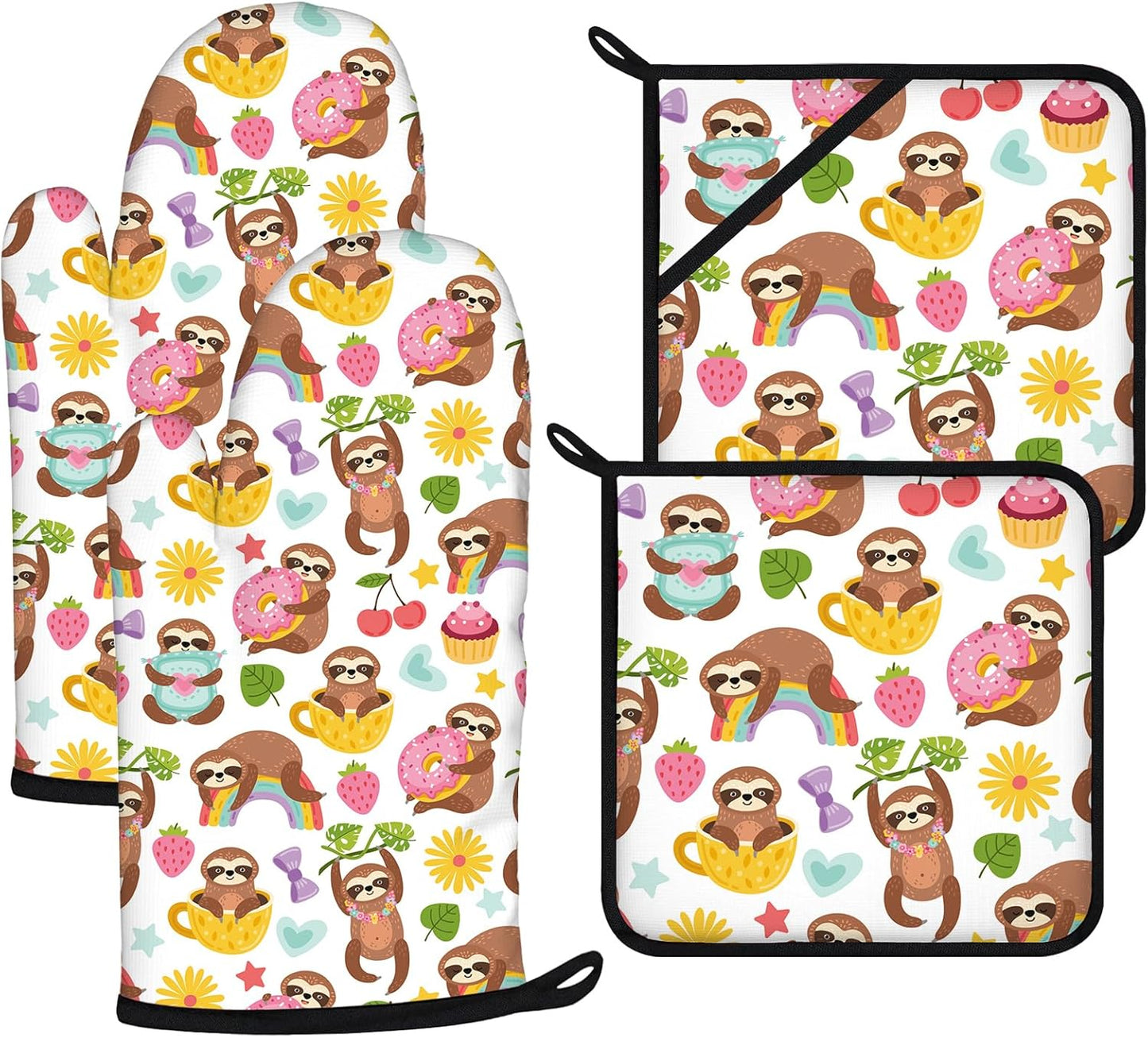 Cute Sloth Oven Mitts and Pot Holders Sets 4Pcs,Extra Long Oven Gloves Potholder for Kitchen Cooking Baking BBQ 100% Cotton Heat Resistant