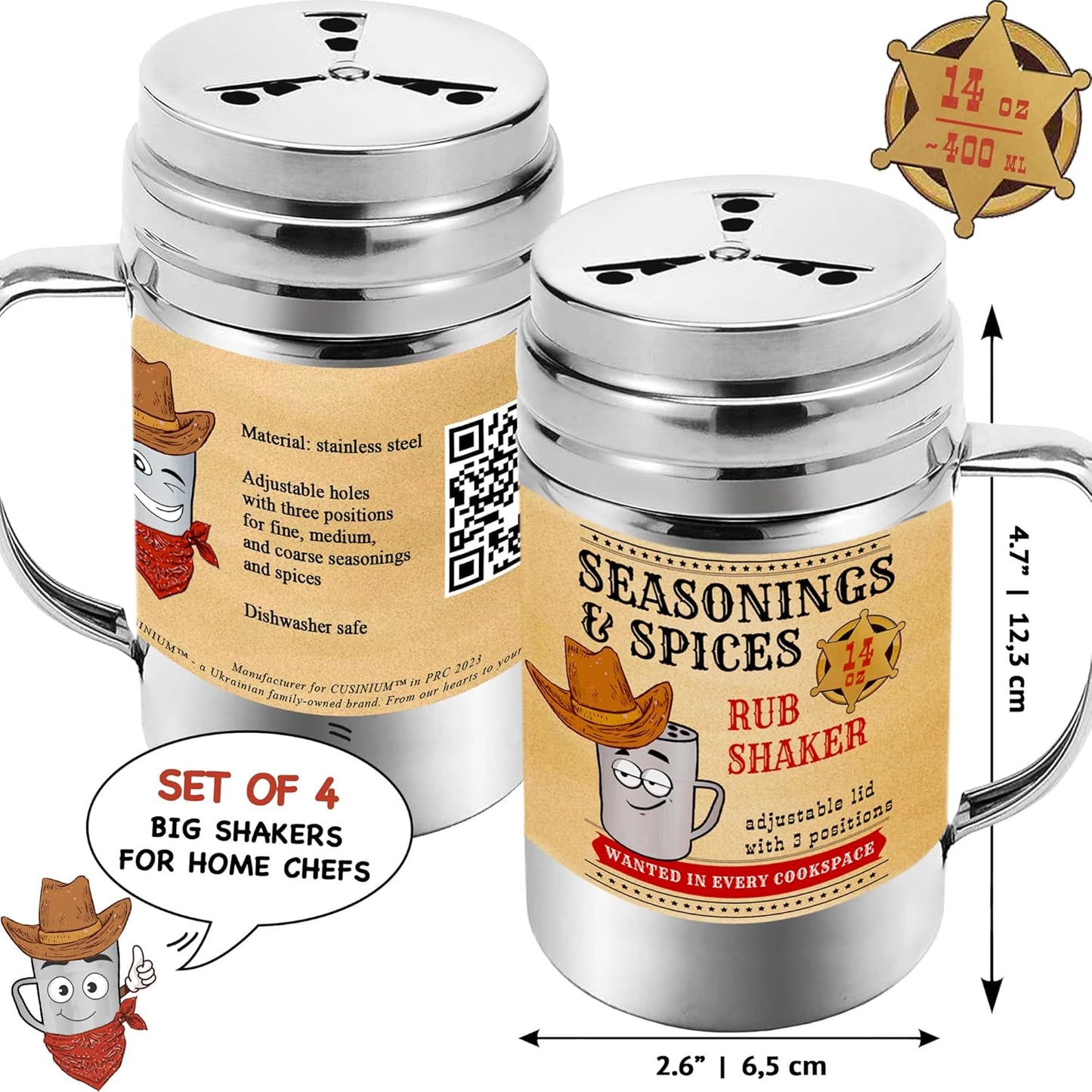 CUSINIUM [Pack of 4] 14 oz Seasonings Spice Shakers - BBQ Dry Rub Shakers - Cooking Dredge with Adjustable Fan-Style Lid and Handles
