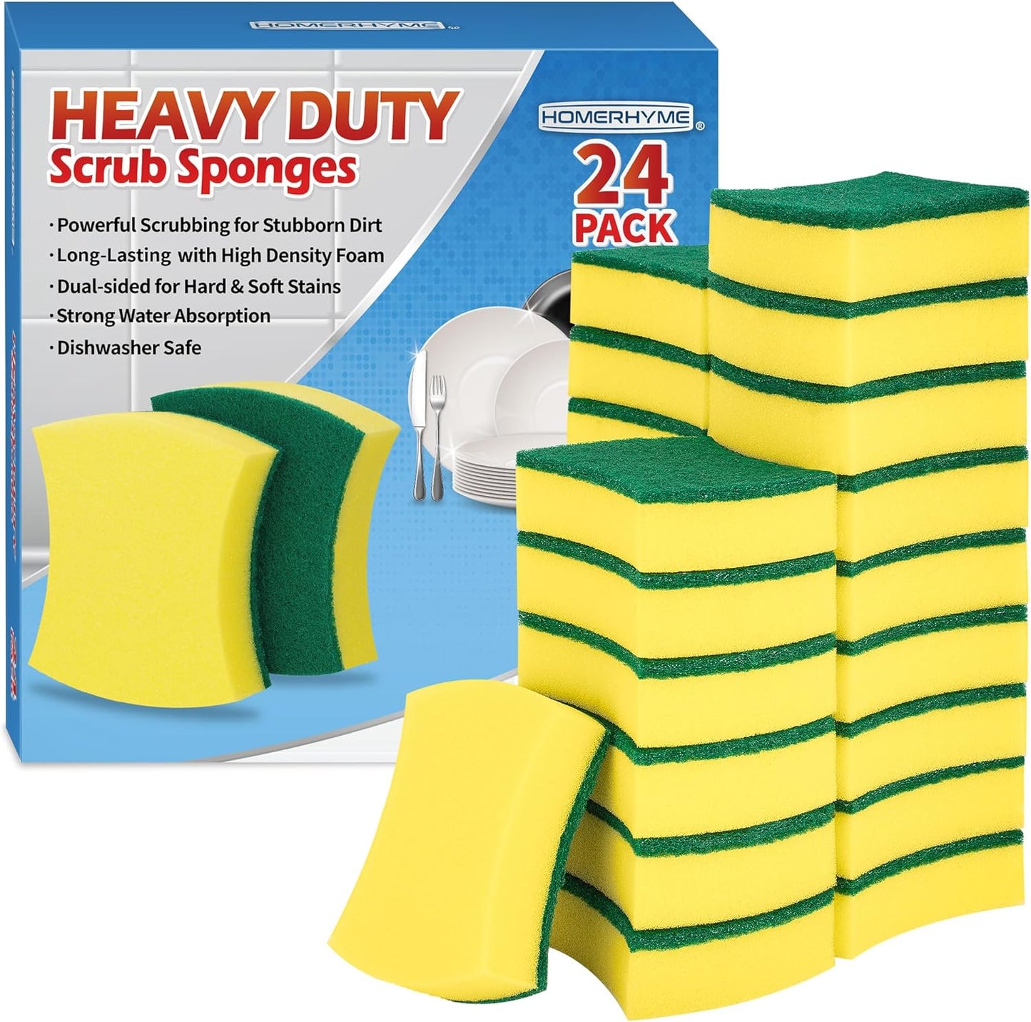 HOMERHYME Heavy Duty Scrub Sponges 24 Pack, Double-Side Design, Long-Lasting Kitchen Sponges, High Density Dish Sponge.