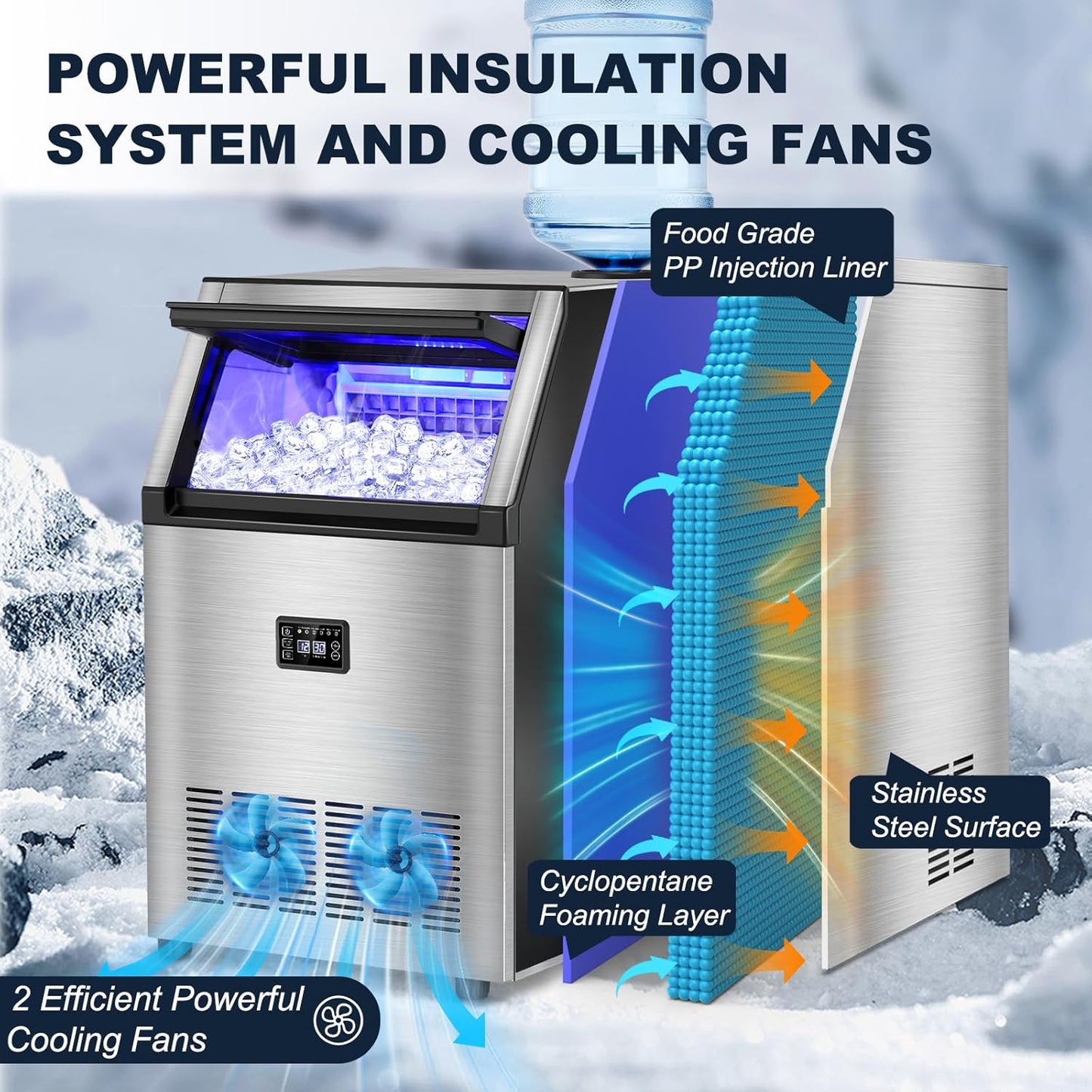 Commercial Ice Maker Machine, 160 lbs/24H with 50 lbs Storage Bin, Dual Water Inlet Options, Under Counter Freestanding Ice Maker for Home, Bar, Support 5-Gallon Bottle Water & Tap Water