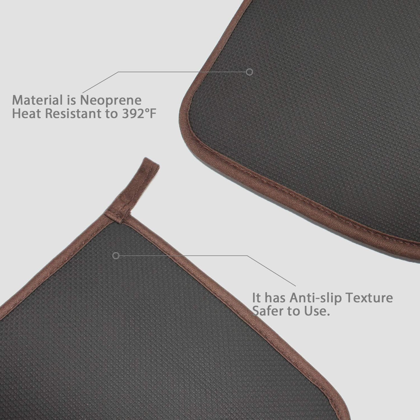Cotton and Neoprene Oven Pads Pot Holders with Pocket 8"x8.5" Dual-Function Hot Pad Set for Finger Hand Wrist Protection Heat Resistant to 428°F Brown