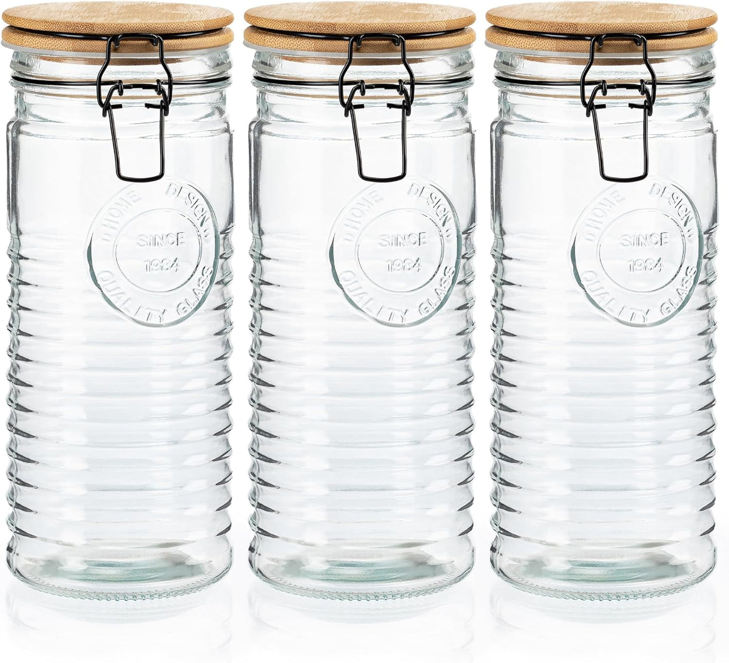 kitchentoolz Glass Storage Canister with Airtight Clasp Lids - Set of 3 Mason Jar Storage Containers for Cereal, Coffee & Rice - 56 Ounce Pantry Organizing Canister Set