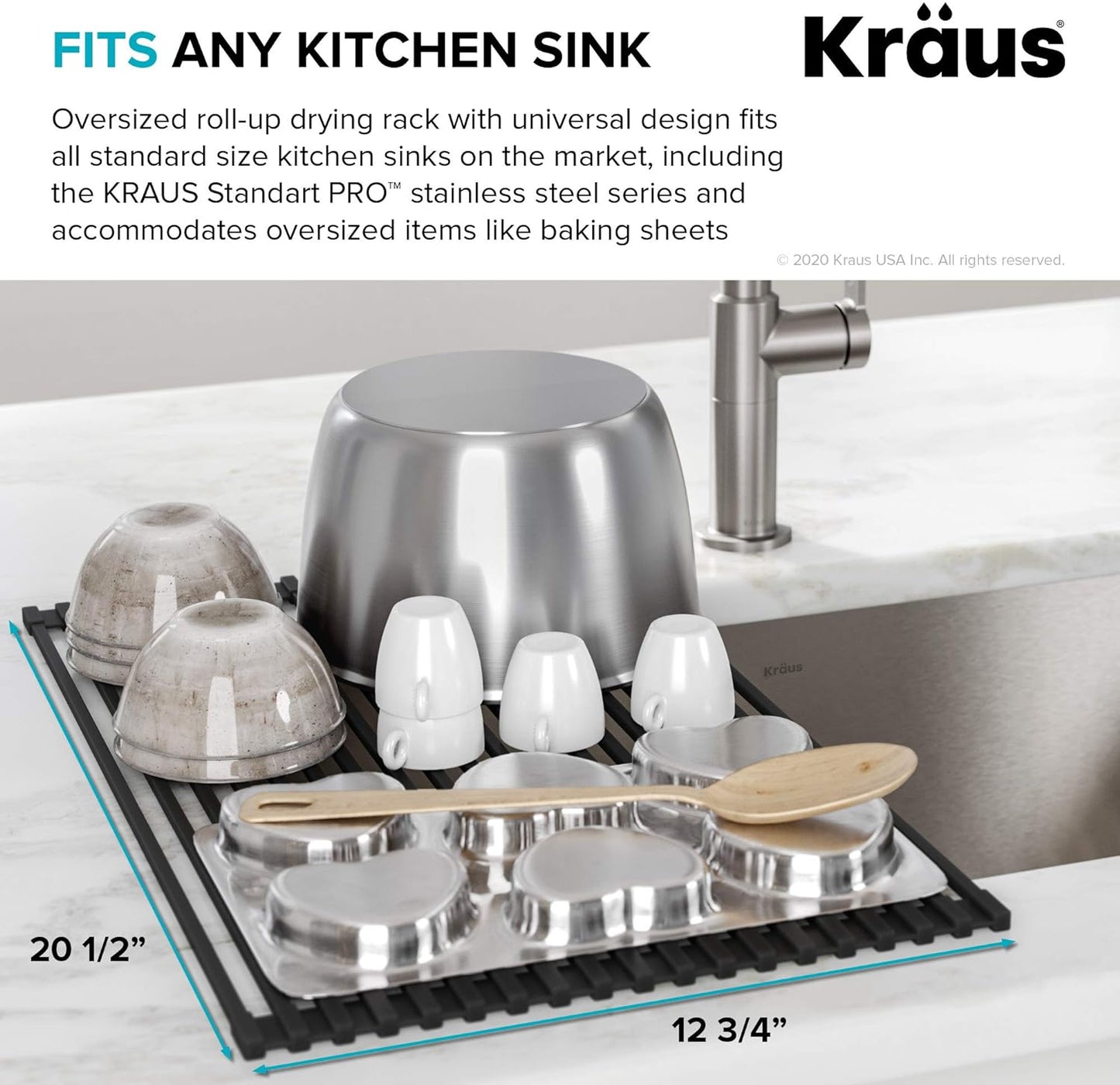 Kraus Multipurpose Over-Sink Roll-Up Dish Drying Rack, Colander and Trivet in Dark Grey, KRM-10DG