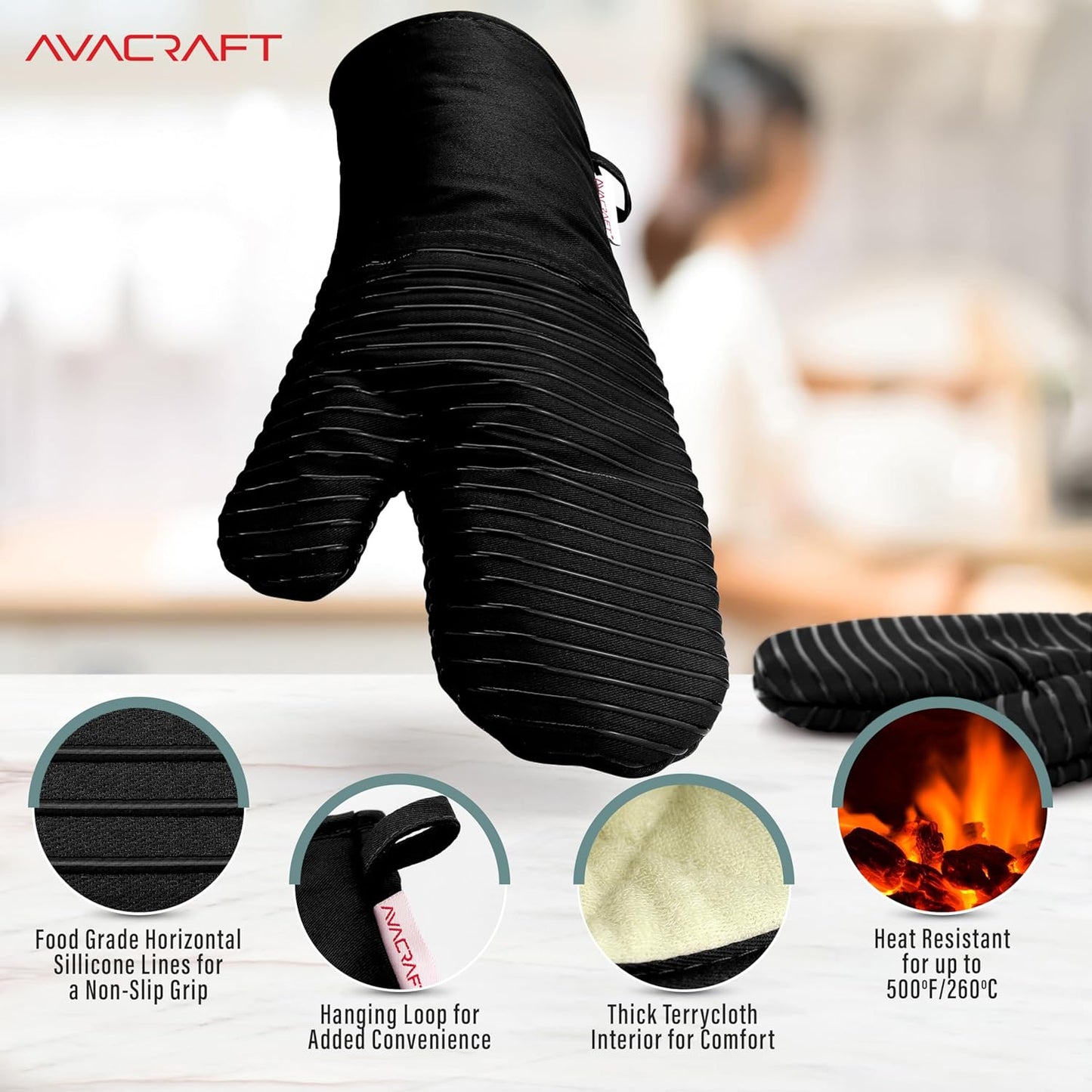 AVACRAFT Oven Mitts Pair, Black - Flexible, 100% Cotton with Unique Heat Resistant Food Grade Silicone, Thick Terry Cloth Interior, 500 F Heat Resistant