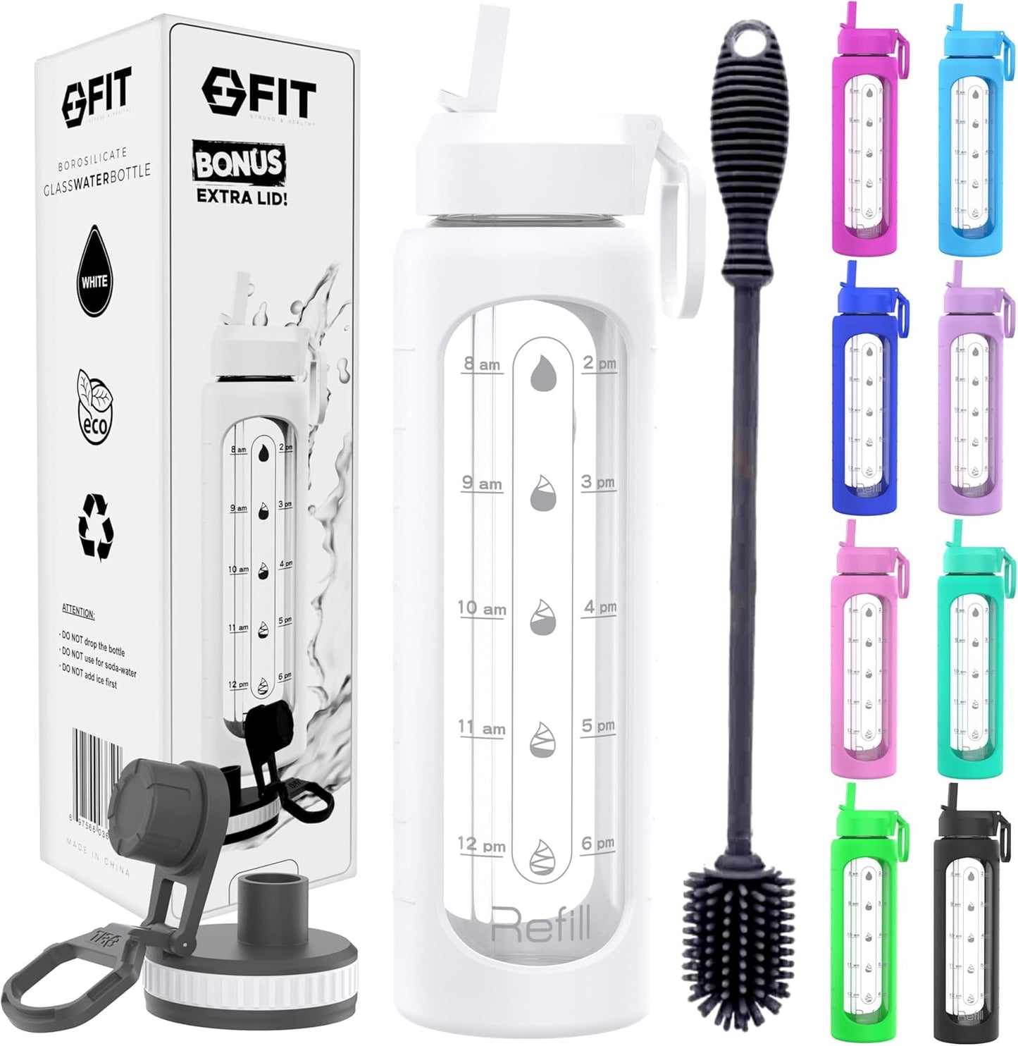 FIT Strong & Healthy 32 oz Glass Water Bottle with Straw Lid, Time Marker, Sleeve & Extra Lid - Motivational, Wide Mouth 1 Liter Glass Drinking Bottle