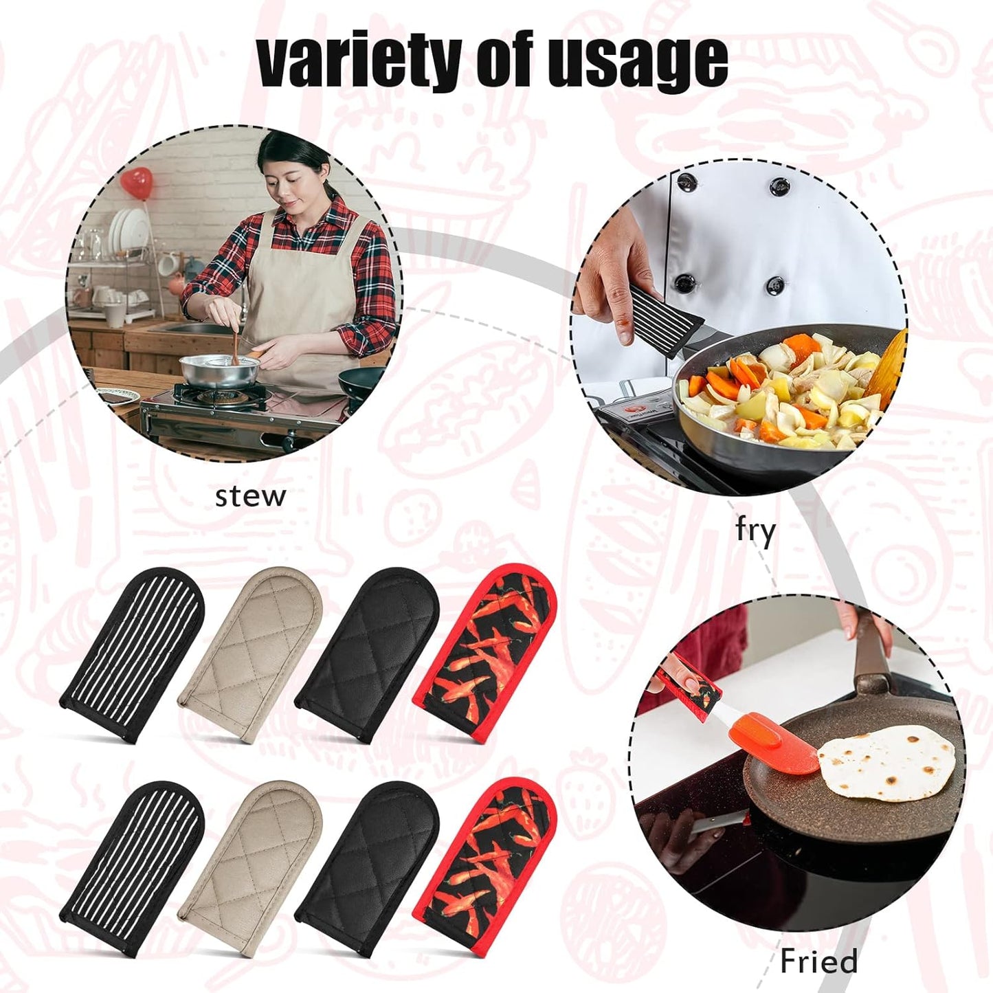 Geiserailie 8 Pieces Pan Handle Sleeve Heat Resistant Pot Sleeve Grip Non-Slip Skillet Pot Holder Machine Washable Cast Iron Handle Cover Cotton Assist Holder, 4 Styles, 3 x 6 Inch(Vivid Style)
