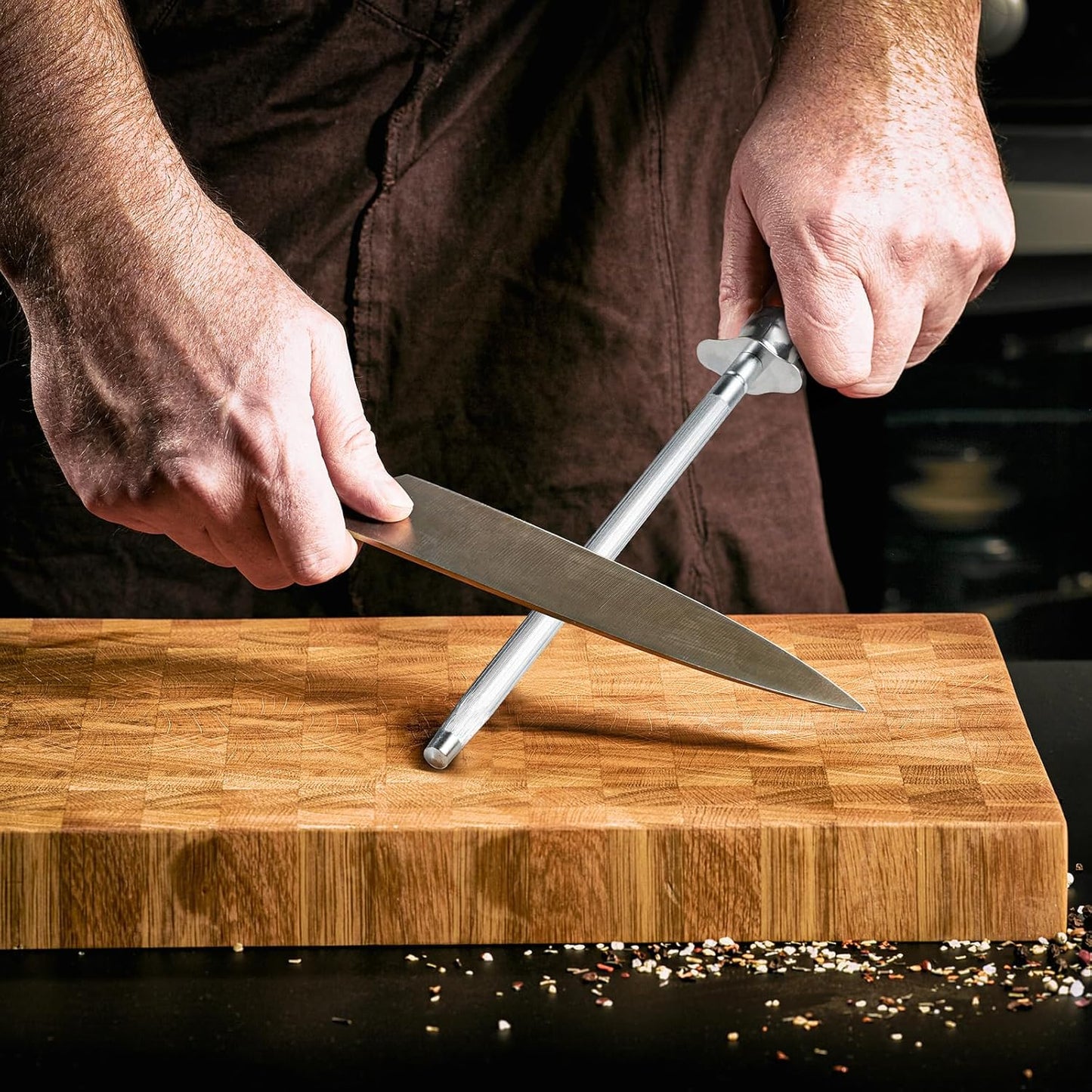 Knife Sharpener Rod, Kitchen Knives Sharpener Carbon Steel Professional Knife Sharpening Steel, Honing Rod with Hanging Holes (13 inches), B