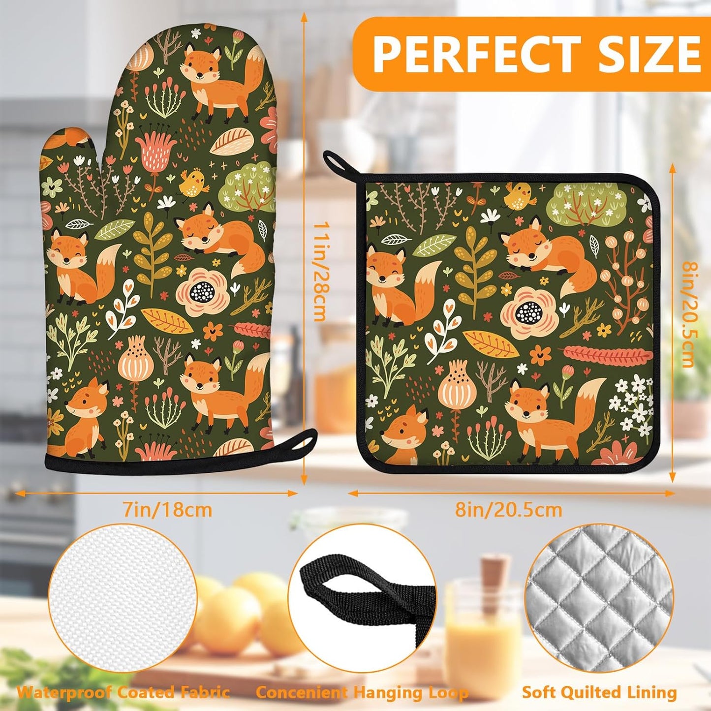 Fox Oven Mitts and Pot Holders Sets 4Pcs,Extra Long Oven Gloves Potholder for Kitchen Cooking Baking BBQ 100% Cotton Heat Resistant