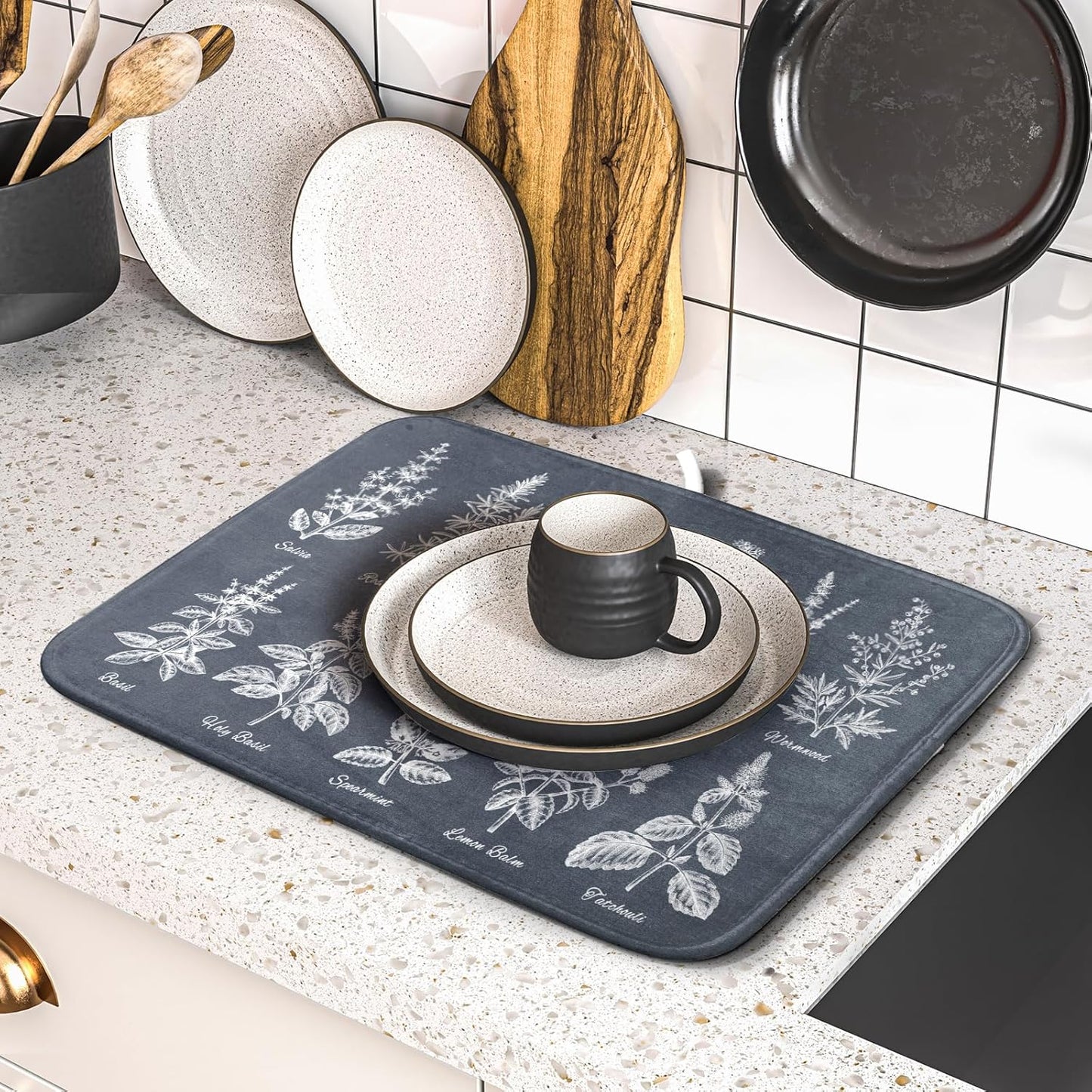 Flower Herbs Dish Drying Mat Wild Plant Dish Rack Mat with Hanging Loop Fast Dry Dish Drainer Pad for Kitchen Counter Sink 16x18 Inch