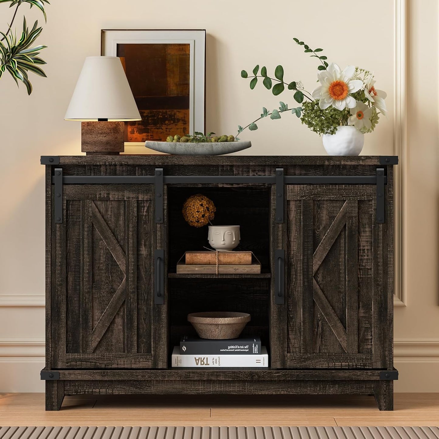 Cube Storage Organizer, Sliding Doors Coffee Bar Cabinet with Storage Farmhouse Sideboard Buffet Cabinet with Adjustable Shelves Coffee Bar for Kitchen Home Office Dining Room