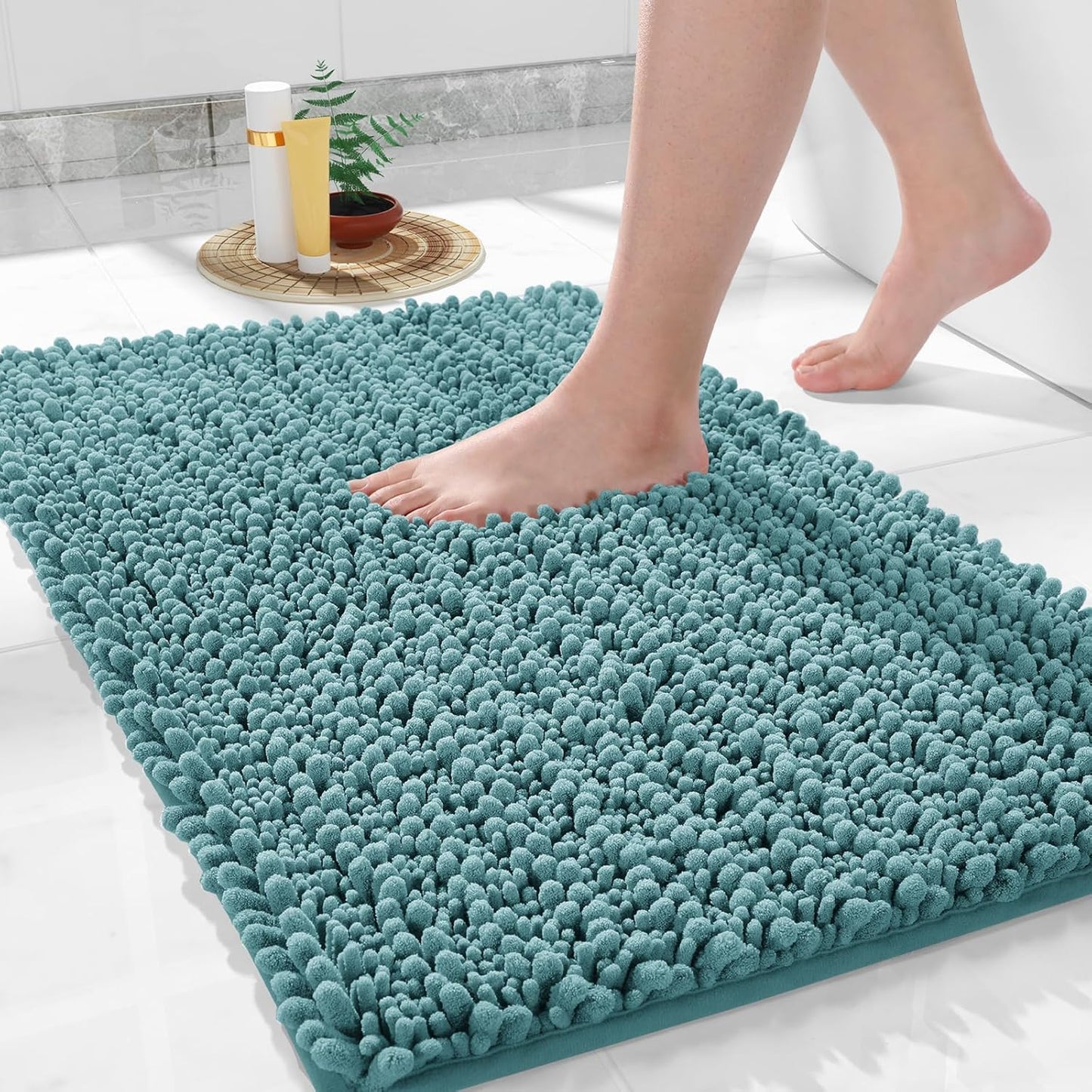 Yimobra Large Bathroom Rugs Non Slip Washable 36x24 Inch - Ultra Soft Absorbent Chenille Bath Mat, Quick Dry Shaggy Floor Carpet for Tub Shower, Teal Blue Home Decor Accessories