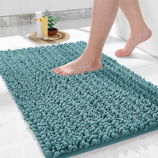 Yimobra Bathroom Rugs Non Slip Washable 24x17 Inch - Ultra Soft Absorbent Chenille Bath Mat, Quick Dry Shaggy Floor Carpet for Tub Shower, Teal Blue Home Decor Accessories