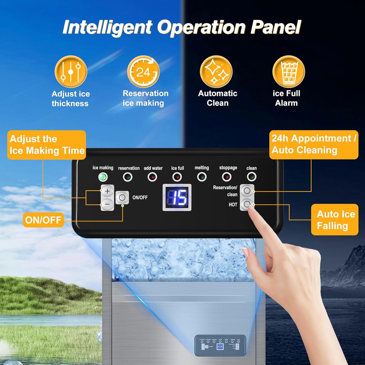 Commercial Ice Maker Machine, 140 lbs/24H with 40 lbs Storage Bin, Built in Ice Machine with 2-Water Inlet Options, Stainless Steel Under Counter Freestanding Ice Maker for Home, Bar, and Restaurant