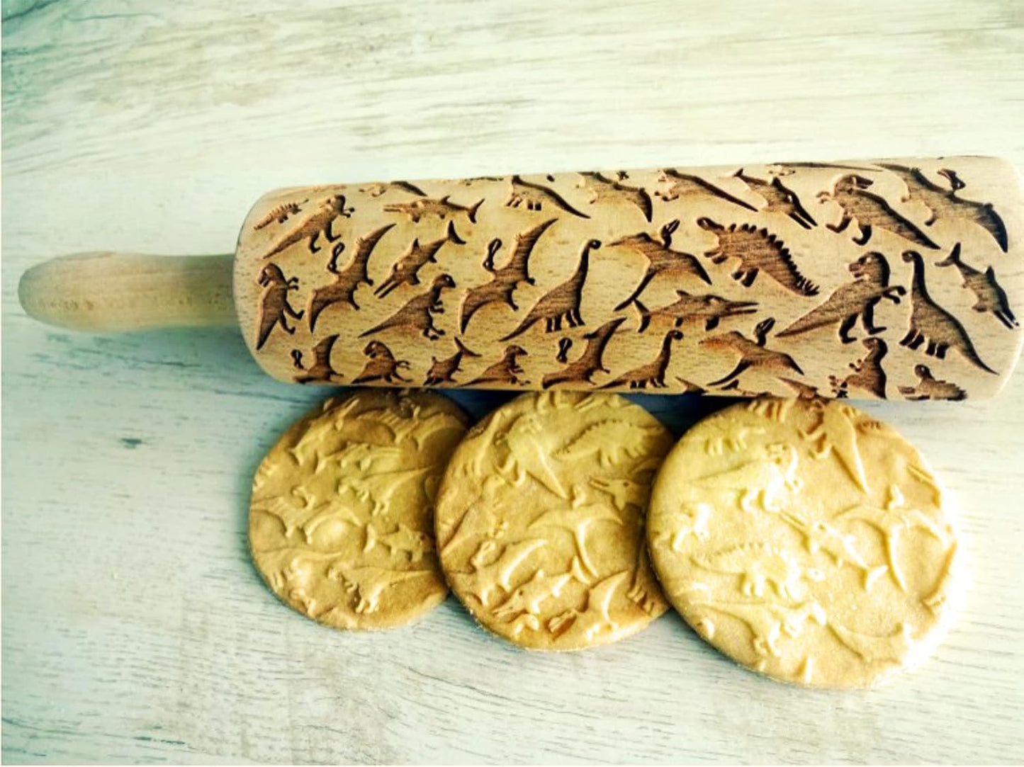 DINOSAURS EMBOSSING ROLLING PIN ENGRAVED with DINOSAURS for EMBOSSED COOKIES JURASSIC ANIMALS TYRANNOSAURUS REX