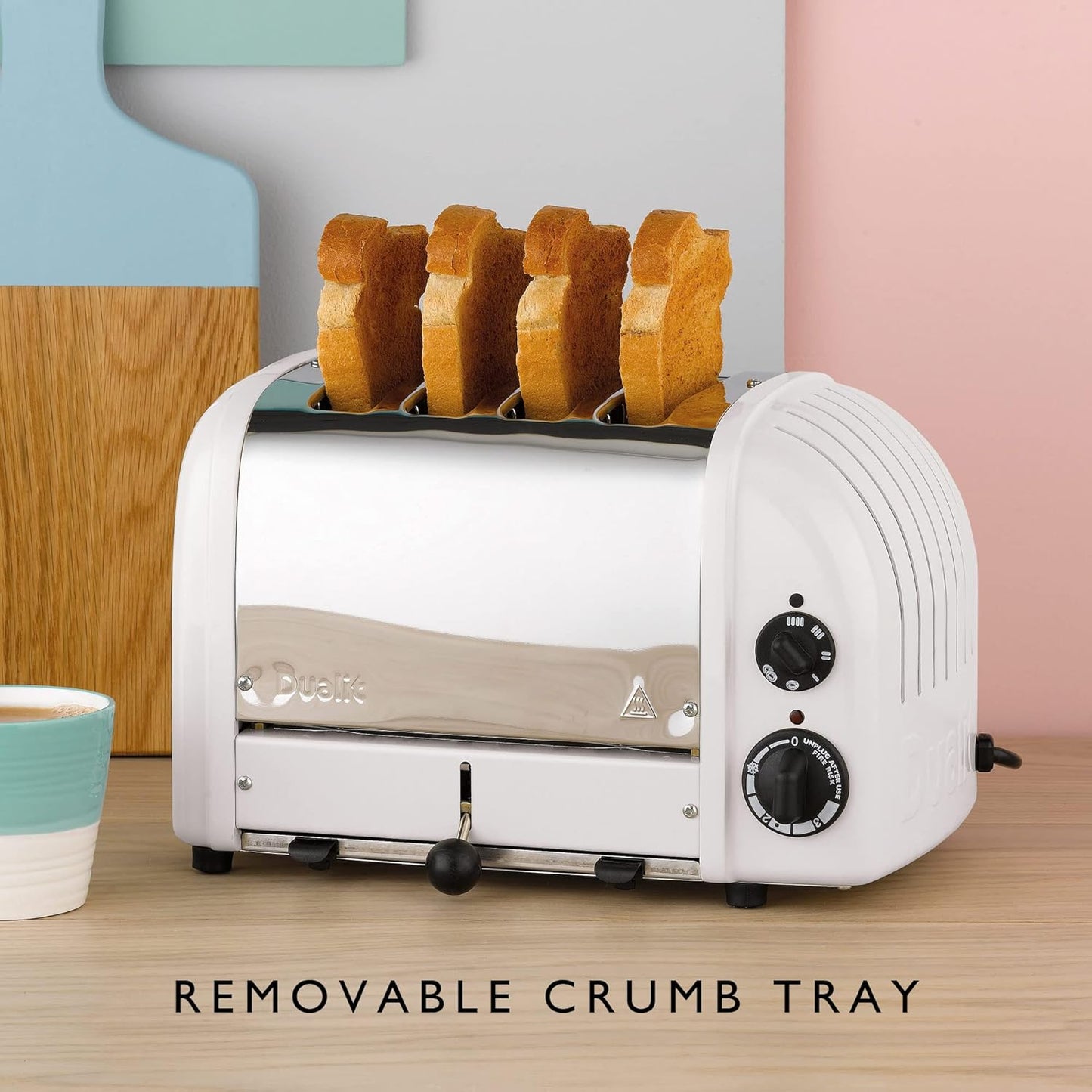 Dualit Classic 4 Slice NewGen Stainless Steel Toaster, White - Hand Built in the UK, Replaceable ProHeat® Elements – Slot Selector, Defrost Bread, Mechanical Timer-For Toast, Bagels & More