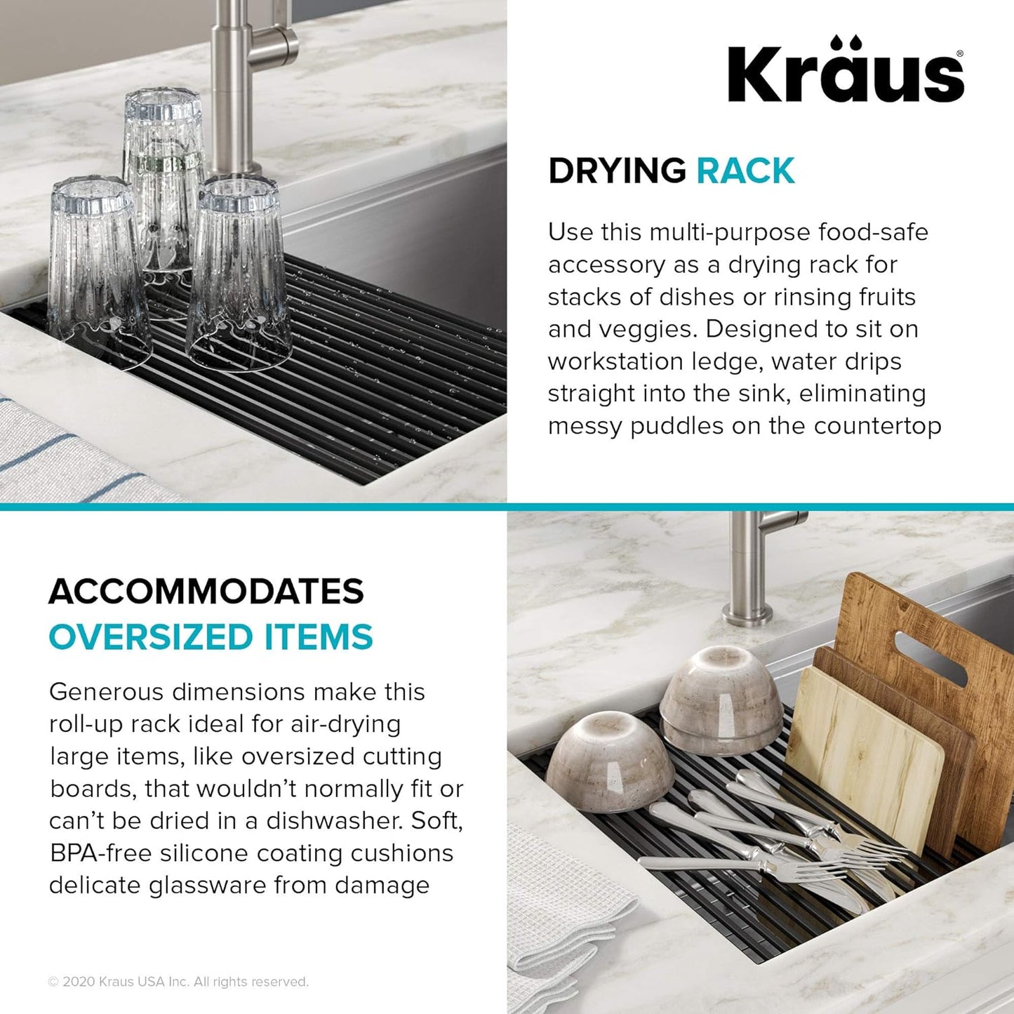 Kraus Multipurpose Workstation Sink Roll-Up Dish Drying Rack, Colander and Trivet in Black, KRM-11BL (Pack of 2)