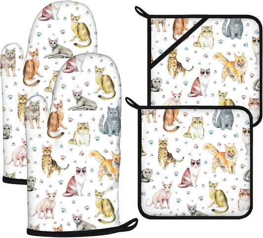 Cute Cats Oven Mitts and Pot Holders Sets 4Pcs,Extra Long Oven Gloves Potholder for Kitchen Cooking Baking BBQ 100% Cotton Heat Resistant