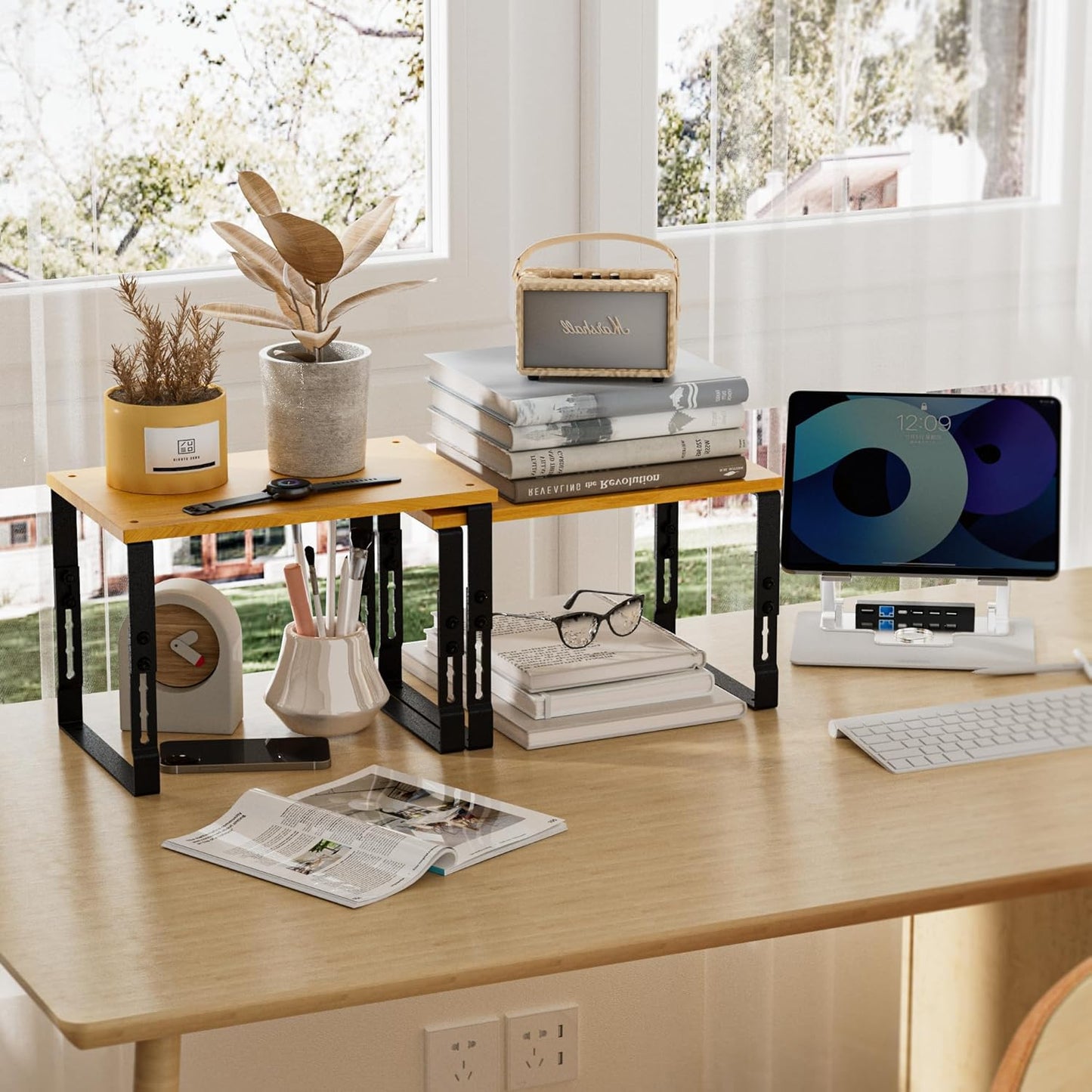 Expandable Kitchen Cabinet Organizer Shelves – Stackable Adjustable Metal and Wood Storage Racks for Countertop, Pantry, Garage Set of 2 Spice Rack – Easy Assembly, Space-Saving(1 Pack/Large/Black)