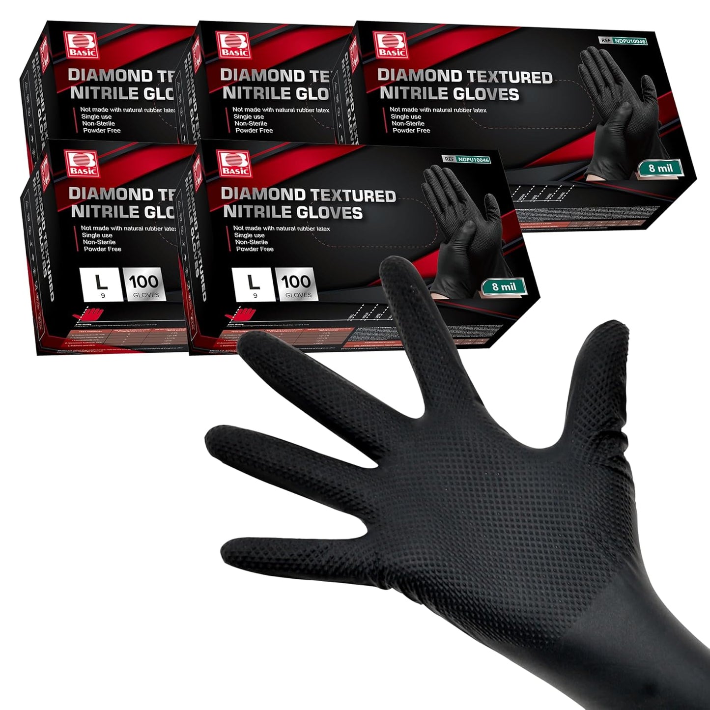 Jointown Basic Heavy Duty Nitrile Gloves, Mechanic Gloves 8 Mil Nitrile Disposable, with Raised Diamond Texture, Case of 500, Black, Large