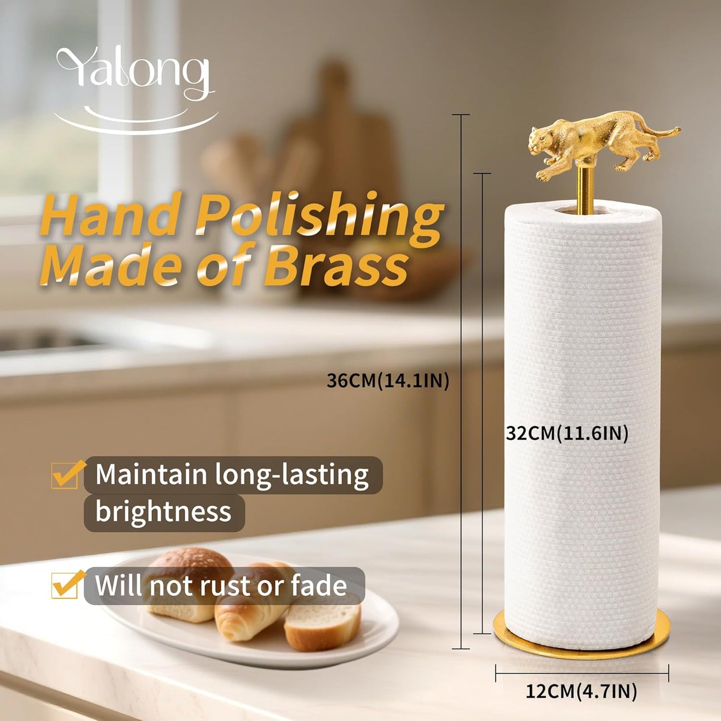 Gold Paper Towel Holder for Countertop, Vintage Brass Paper Holder for Kitchen, Bathroom, Dining Room, Non-Scratch Base & Detachable Leopard