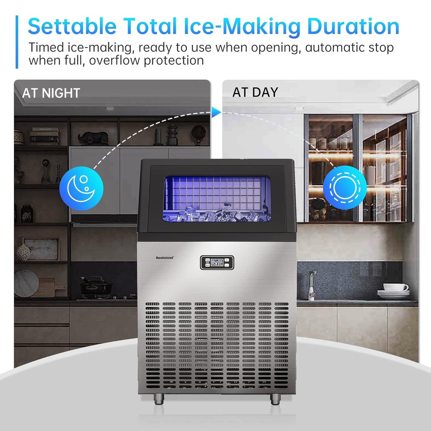 Commercial Ice Maker Machine, 200 lbs/24 Hours, 48 lbs Storage Bin, Stainless Steel, Blue Light, Freestanding, Great for Home or Business, Includes Ice Scoop, Connecting Hose