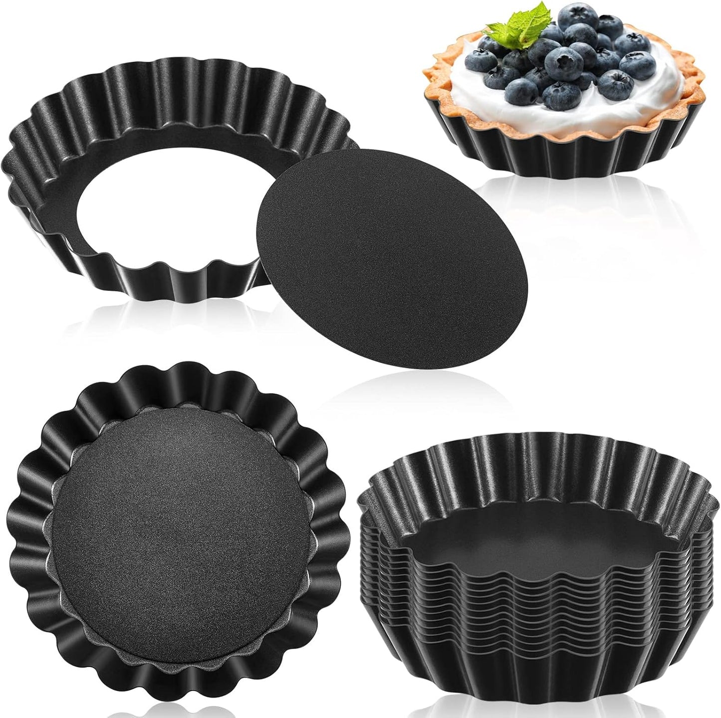 Tessco 16 Pieces Mini Tart Pans with Removable Bottom Nonstick Quiche Mini Pie Tart Pans Bakeware Mold Fluted Side for Pies(Black Gray Round,4 Inch)