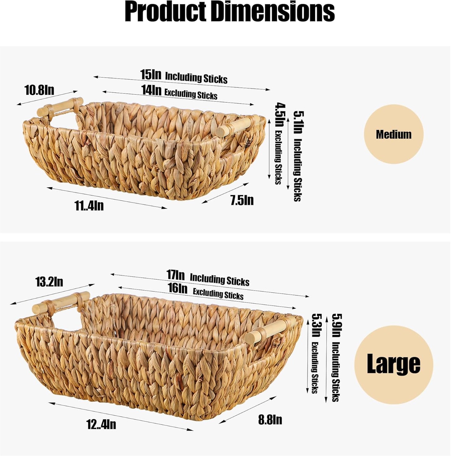 Woven Storage Baskets – Set of 2 Handwoven Water Hyacinth Wicker Baskets with Wooden Handles for Organizing, Decorative Baskets for Laundry Room, Home Decor - Large & Medium