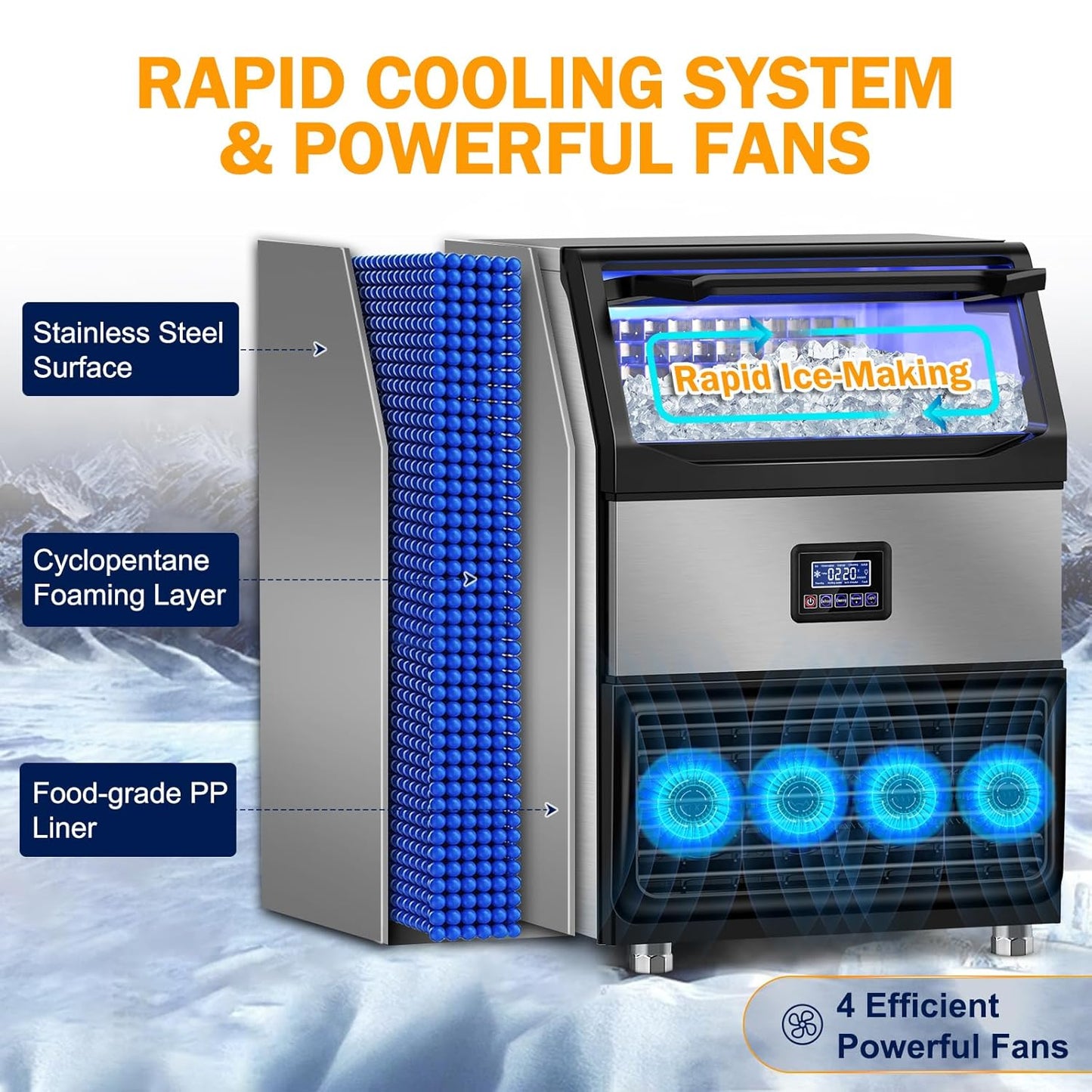 Ice Maker Machine Commercial, 240Lbs/24H with 75Lbs Storage Bin, 80Pcs Ice Cubes 8Mins, Freestanding Large Ice Machine with Water Filter and Ice Scoop for Restaurant Bar Home Office