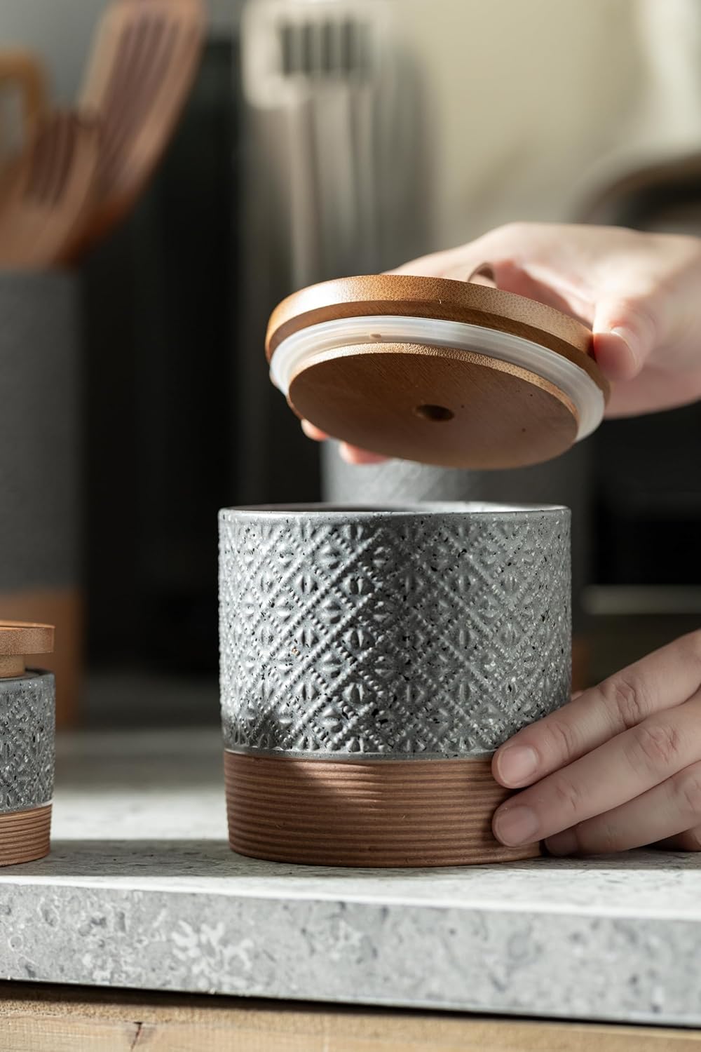 Ceramic Jar with Lid Airtight, Coffee Canister Kitchen Food Storage Jars for Spice Sugar Salt, Coffee Bar Accessories Decorative Container for Countertop - Gray & 42 fl.oz