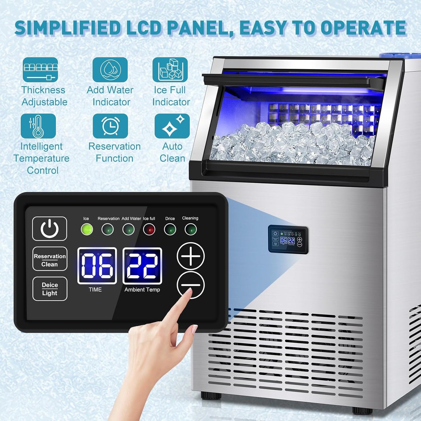 Commercial Ice Maker Machine, 175Lbs/24H with 45Lbs Storage, 55Pcs Clear Ice Cubes in 8-15Mins, Freestanding Stainless Steel Ice Machine for Home, Bar, Party, Office - Fast Ice Making & Easy to Clean