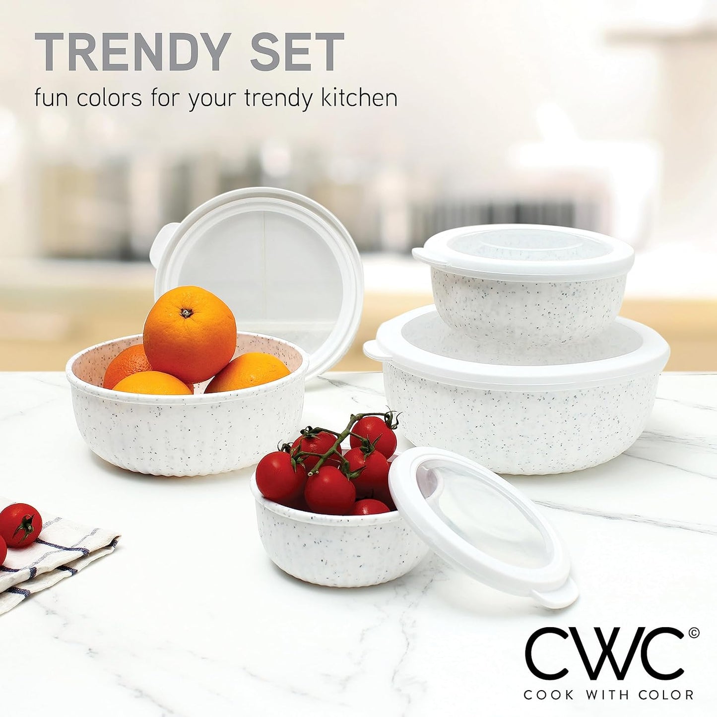 COOK WITH COLOR Prep Bowls with Lids- Wide and Deep Nesting Plastic Small Mixing Bowl Set with Lids, 8 Piece Set - Wide Bowls, Speckled White