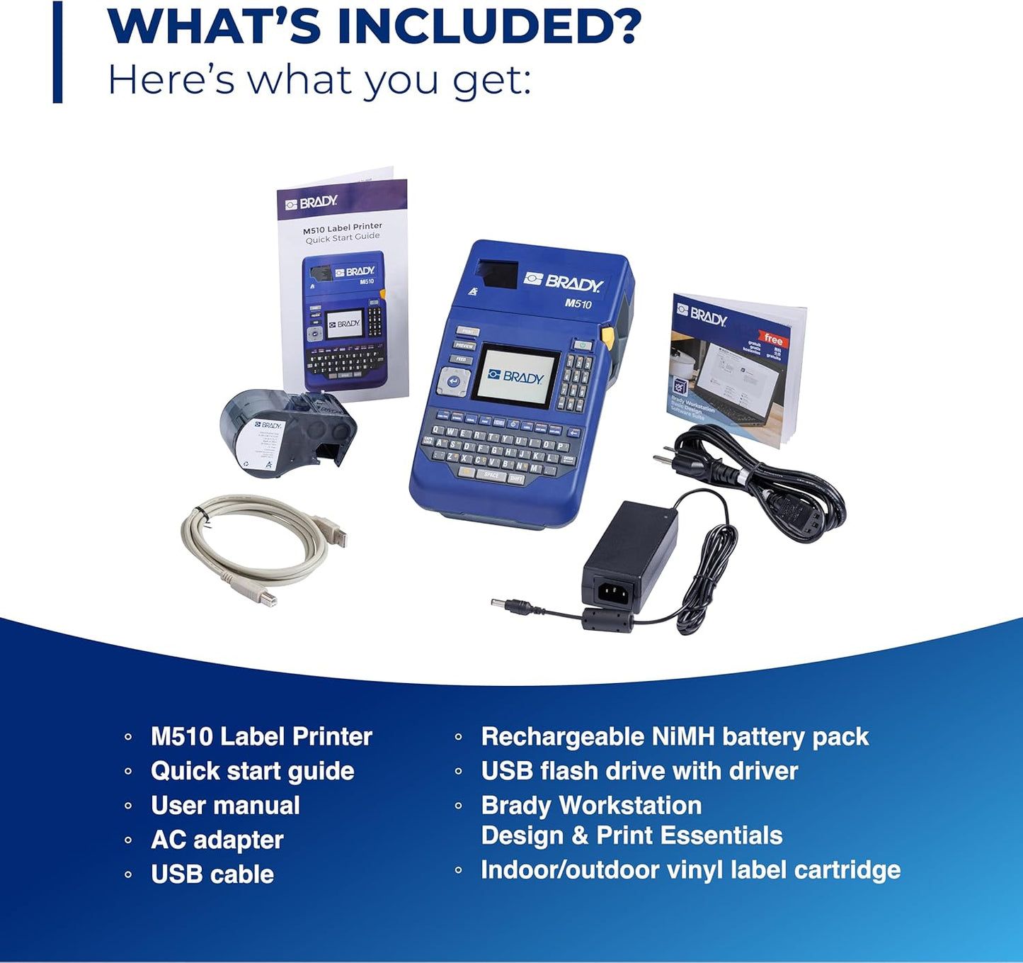 Brady M510 Portable Industrial Label Printer, 1.5" Wide Labels, Single Color Thermal Printing, for Laboratory, Field, or Facility, Blue/Gray, 3.75" H x 5.75" W x 10" D