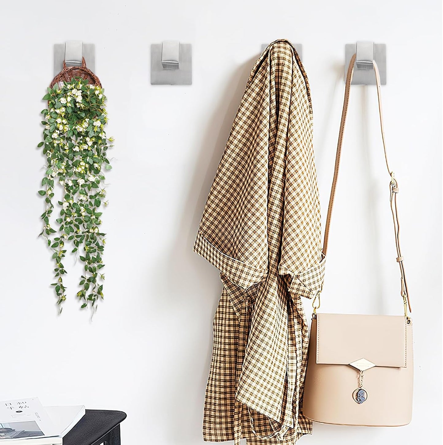 IBosins 4 Pack Towel Hooks Hand Towel Holder for Bathroom Wall Livingroom Bedroom Kitchen Closet Heavy Duty Stainless Steel Hook Hanger for Robe, Bath Towel, Coat (Square Brushed Silver)