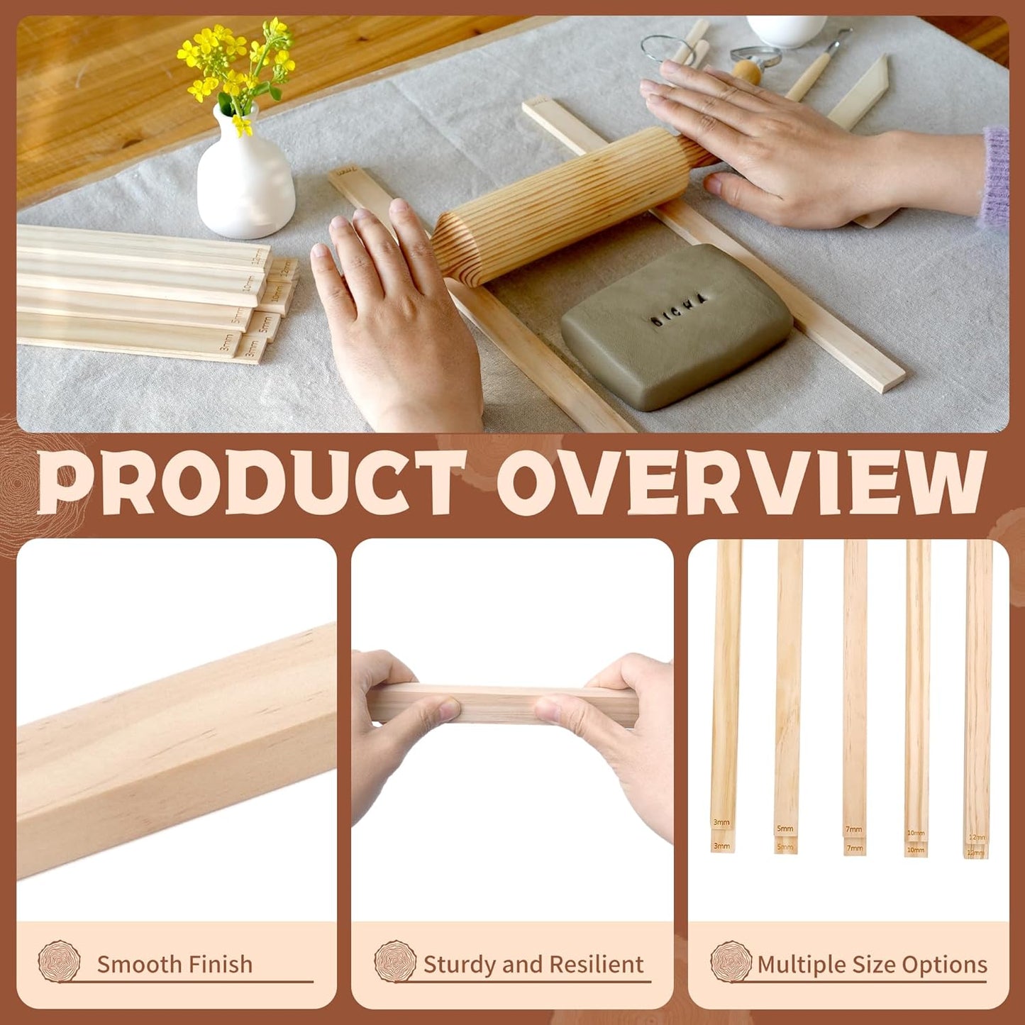DICHA 10 Pcs Wooden Clay Rolling Guides – Pottery & Polymer Clay Thickness Guide Sticks, 5 Sizes