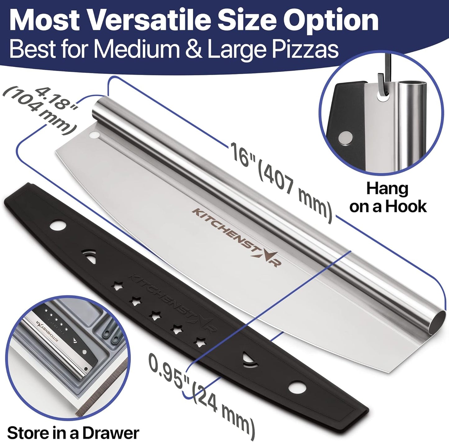 KitchenStar 16-Inch Pizza Cutter Rocker Blade - Sharp Stainless Steel Slicer Knife, Protective Cover, Dishwasher Safe, Large - Professional Pizza Oven Accessories