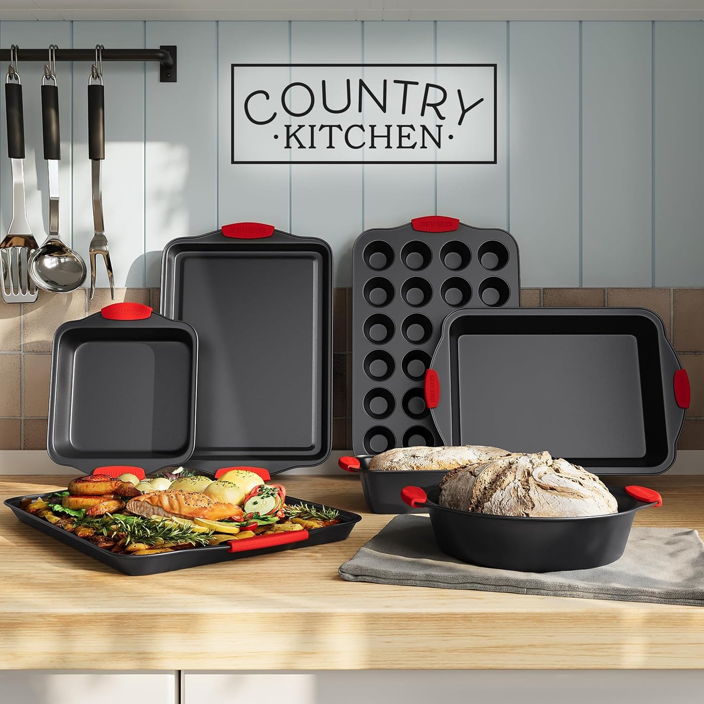 Country Kitchen Nonstick Stackable Bakeware Set - Heavy Duty, Durable, Easy Release Baking Set, Red, 10 Pcs