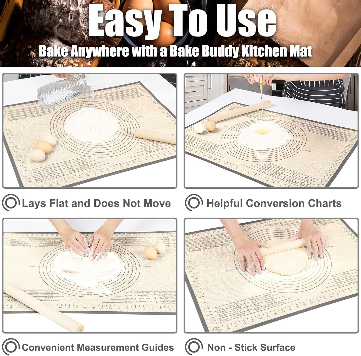 Silicone Pastry Mat 34'' By 26'' Extra Large Baking Mat with Measurements, Kitchen Counter Mats Perfect for Dough, Pastry, Pie Crust, Fondant, Cookies, Bread, Pasta, Pizza