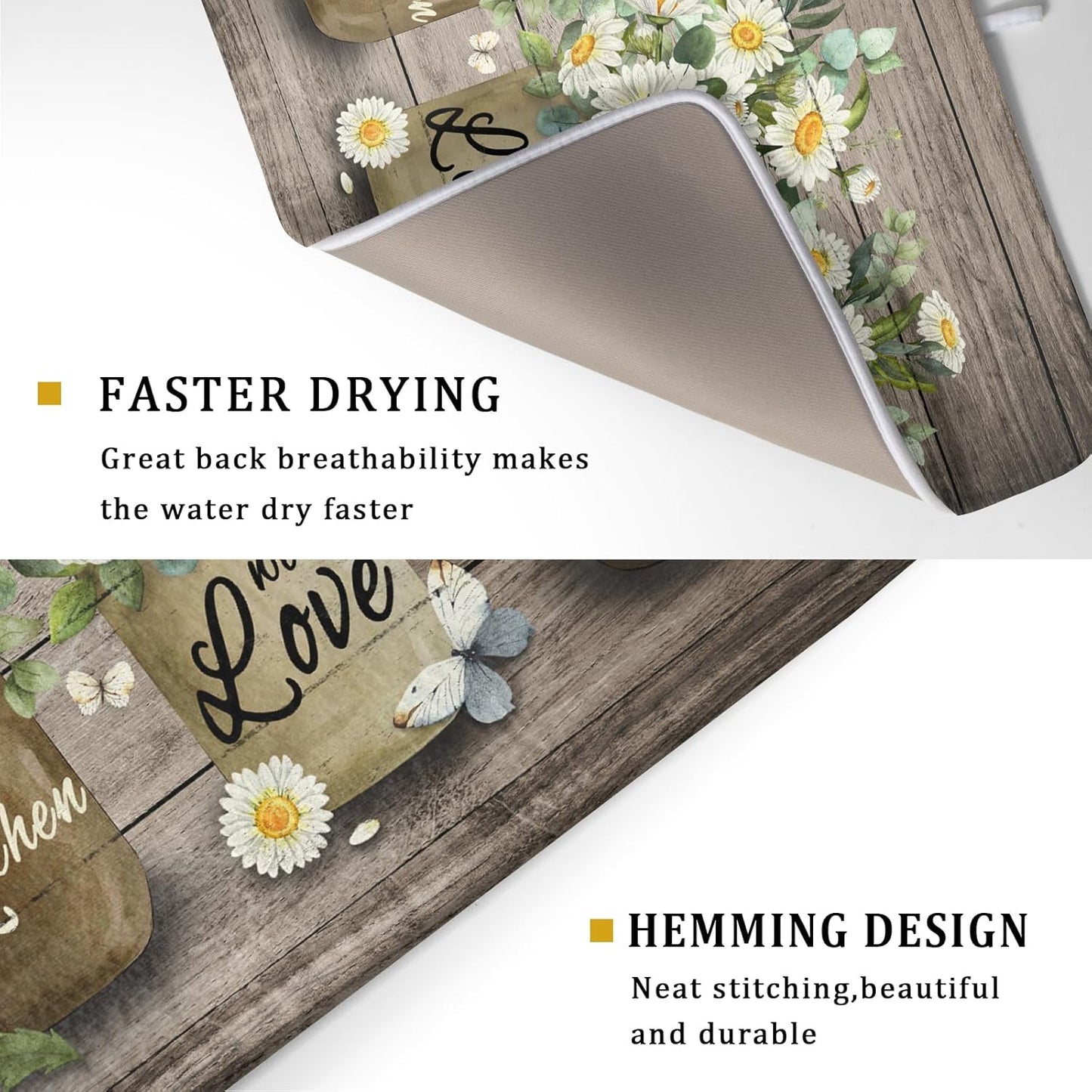 Flower Vase Dish Drying Mats 18×24 Inch Rustic Wood Reversible Microfiber Kitchen Countertop Protector Fast Dry Dish Drainer Rack Pad