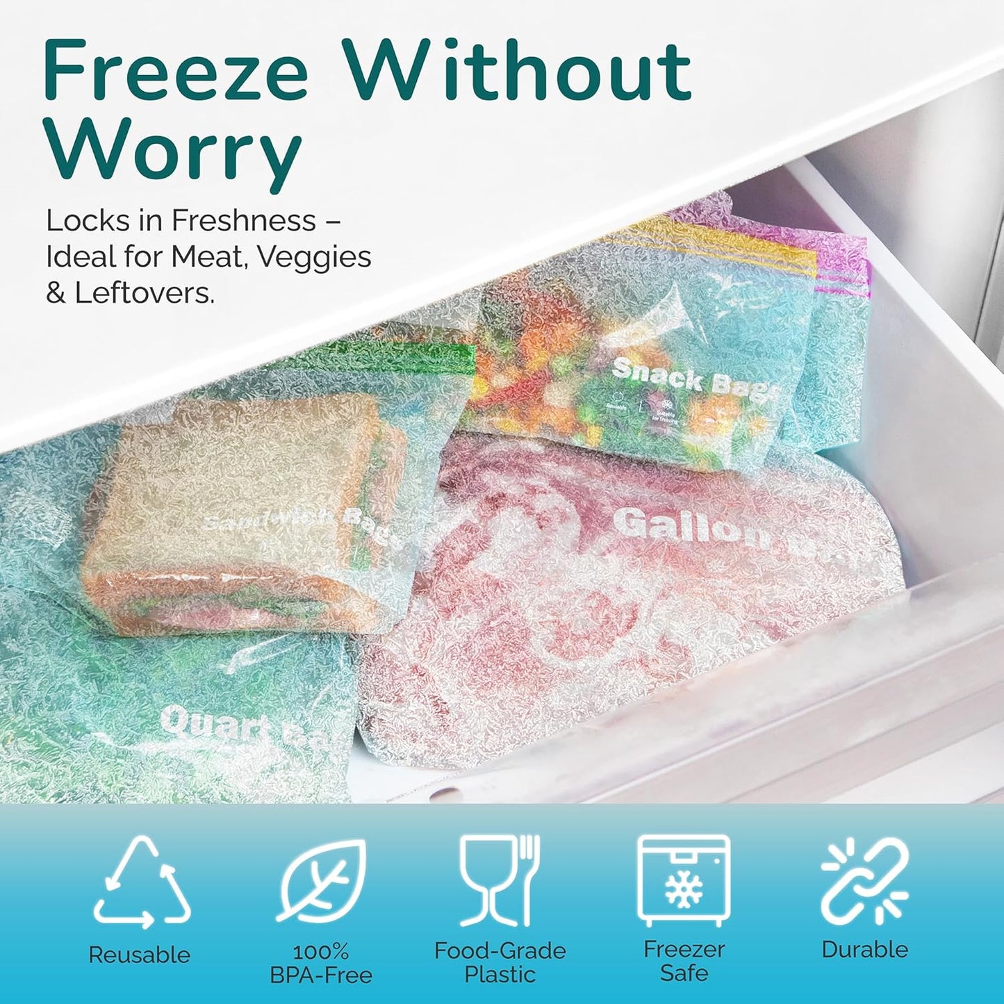 J&&J FRESH Reusable Food Storage Bags – 260 Pack Variety Pack (Snack, Sandwich, Quart, Gallon) – BPA-Free, Leakproof Zipper Bags with Expandable Bottom – Freezer Bags Safe, Kitchen & Pantry Organizer