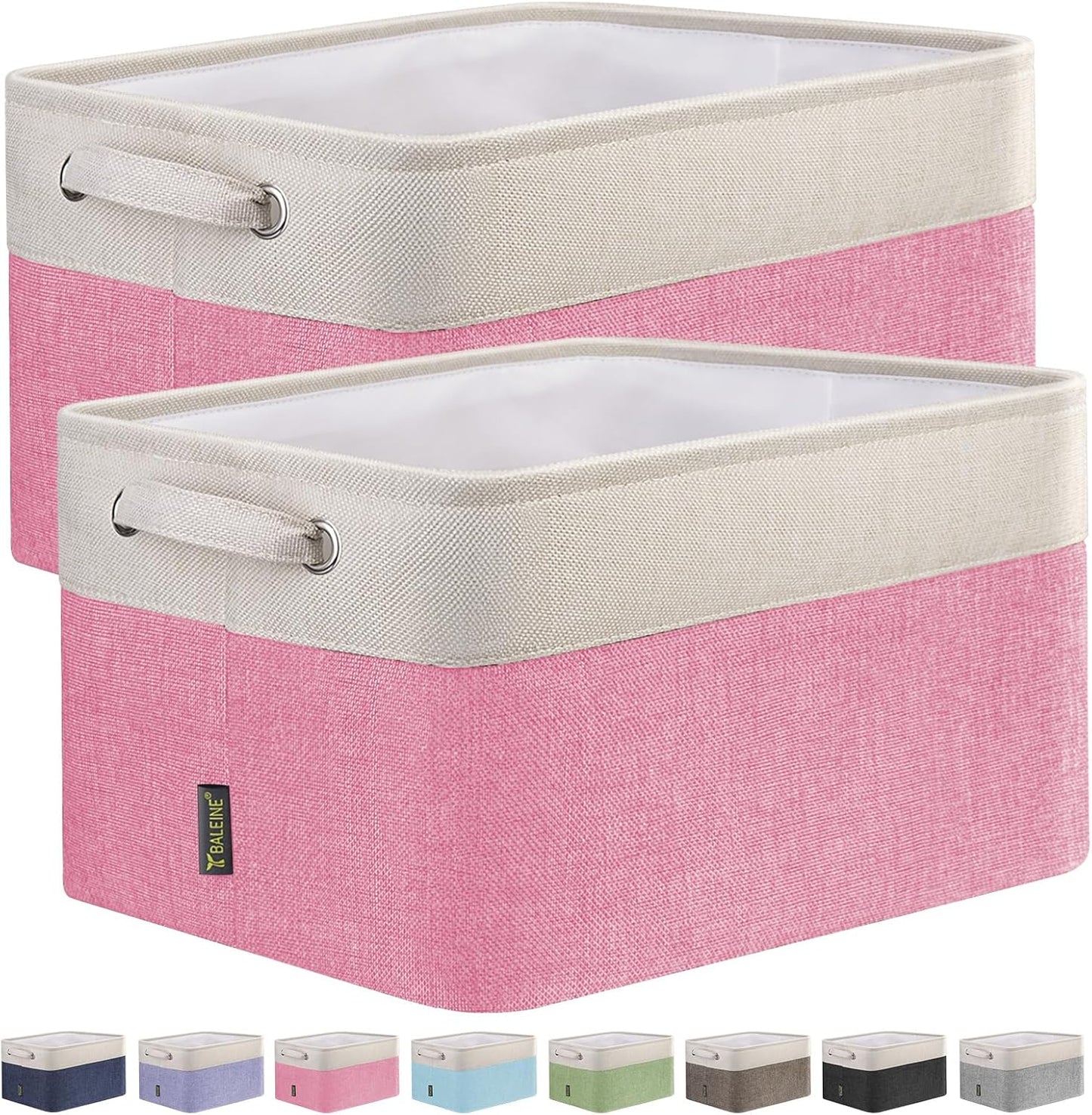 BALEINE 2 Pack Fabric Storage Bins for Shelves, Linen Storage Baskets for Organizing, Decorative Closet Bins for Clothes, Home (Pink, 12"x8"x8")