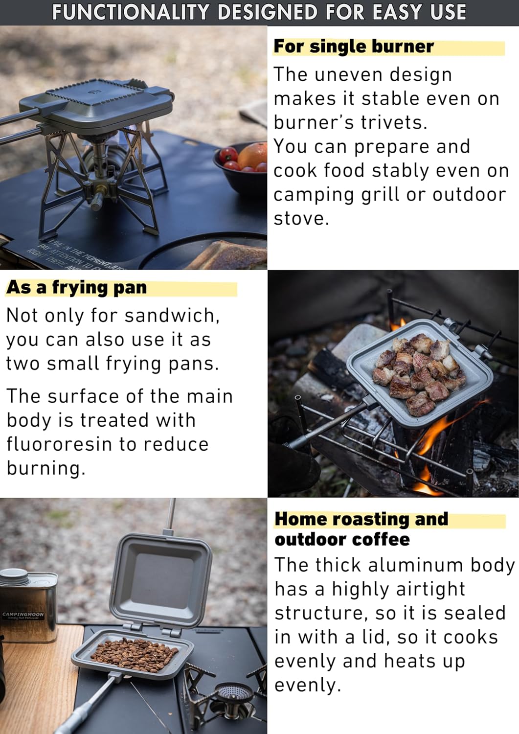 camping moon Sandwich Maker Hot Sand Single Burner Gas Fire Open Fire Compact Aluminum TT-1315 (Silver w/bag)