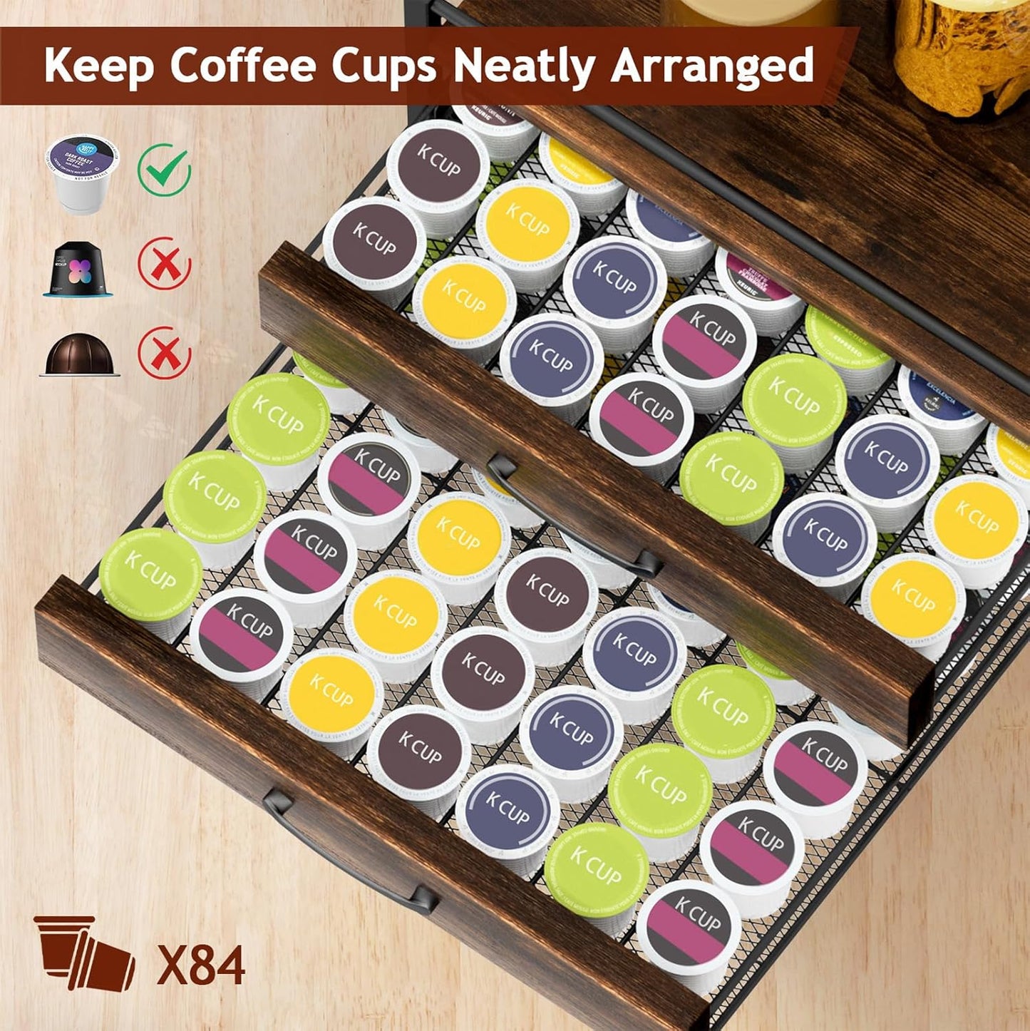 Coffee Syrup Rack Organizer - 4-Tier 8 Syrup Wine Bottles Stand with 82 Storage Drawer for K Cups, Coffee Pod Holder for Countertop, Bar Station, Kitchen, Rustic Brown
