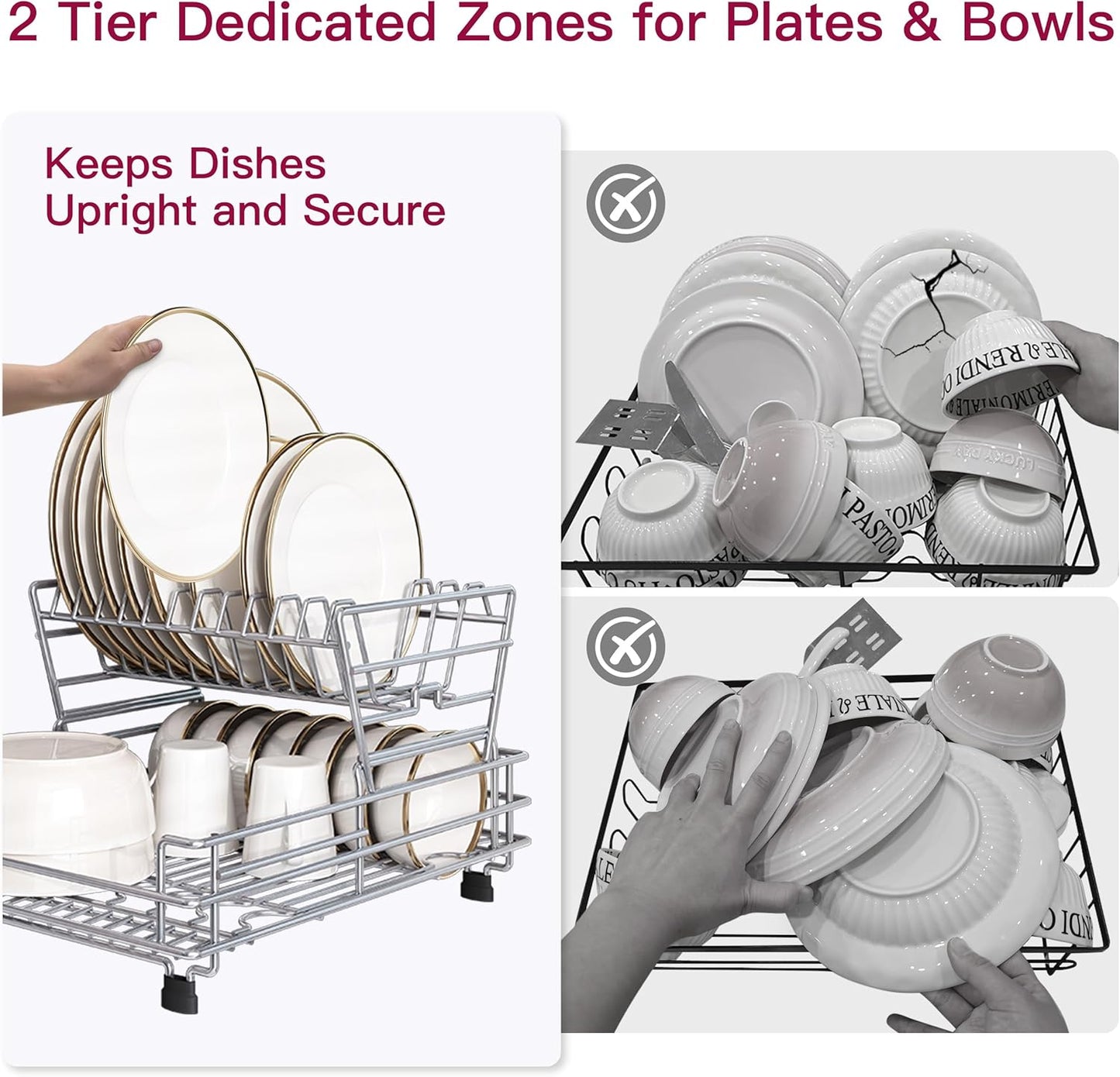 BOOSINY 2 Tier Red Large Stainless Steel Dish Drainers Drying Rack for Kitchen Counter with Drainboard, Rust Proof Metal, Space Saving, Modern Aesthetic, Compact Plates Strainers with Extra Mat