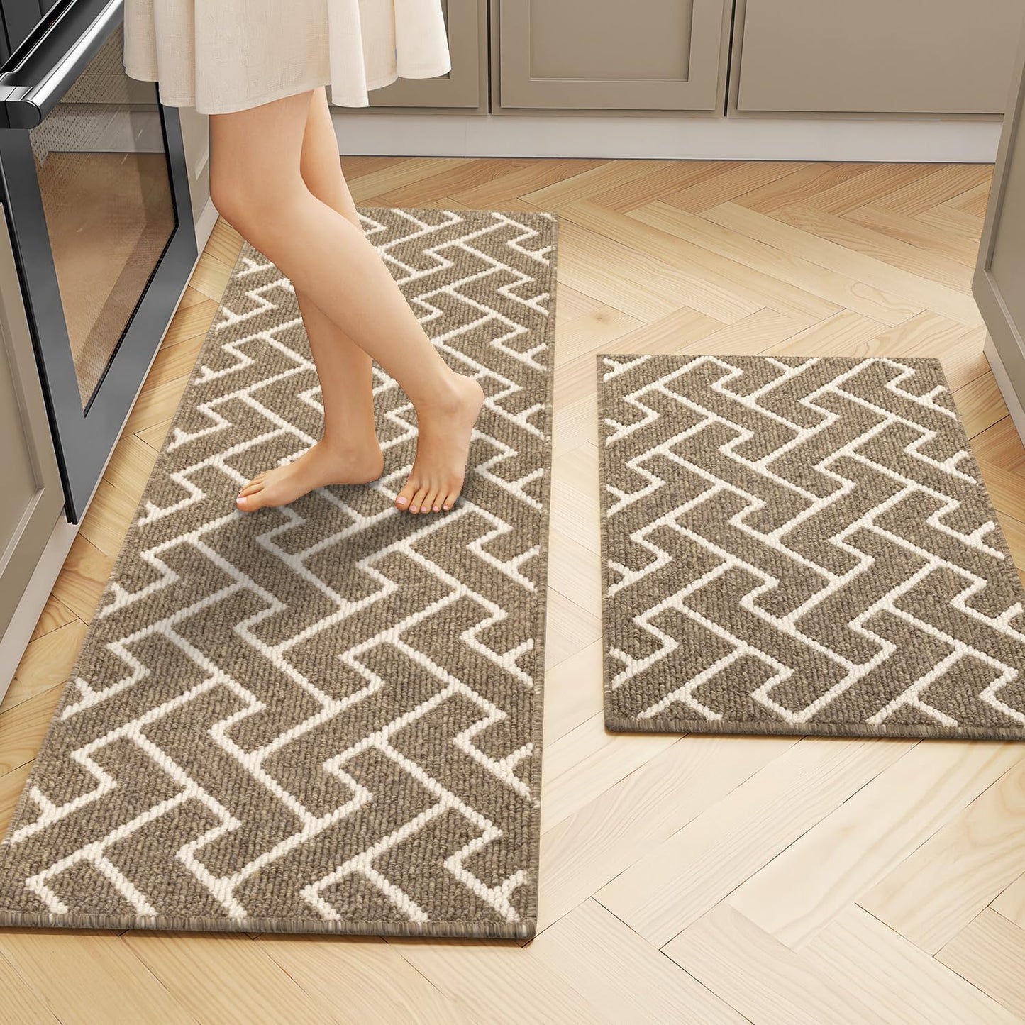 hicorfe Kitchen Rugs and Mats Sets,Non-Slip 2 Pieces Absorbent 100% Polypropylene Rug,Comfort Kitchen Runner Mat,Washable for Kitchen,Sink,Laundry(20" x 31.5" Plus 20" x 48",Beige)