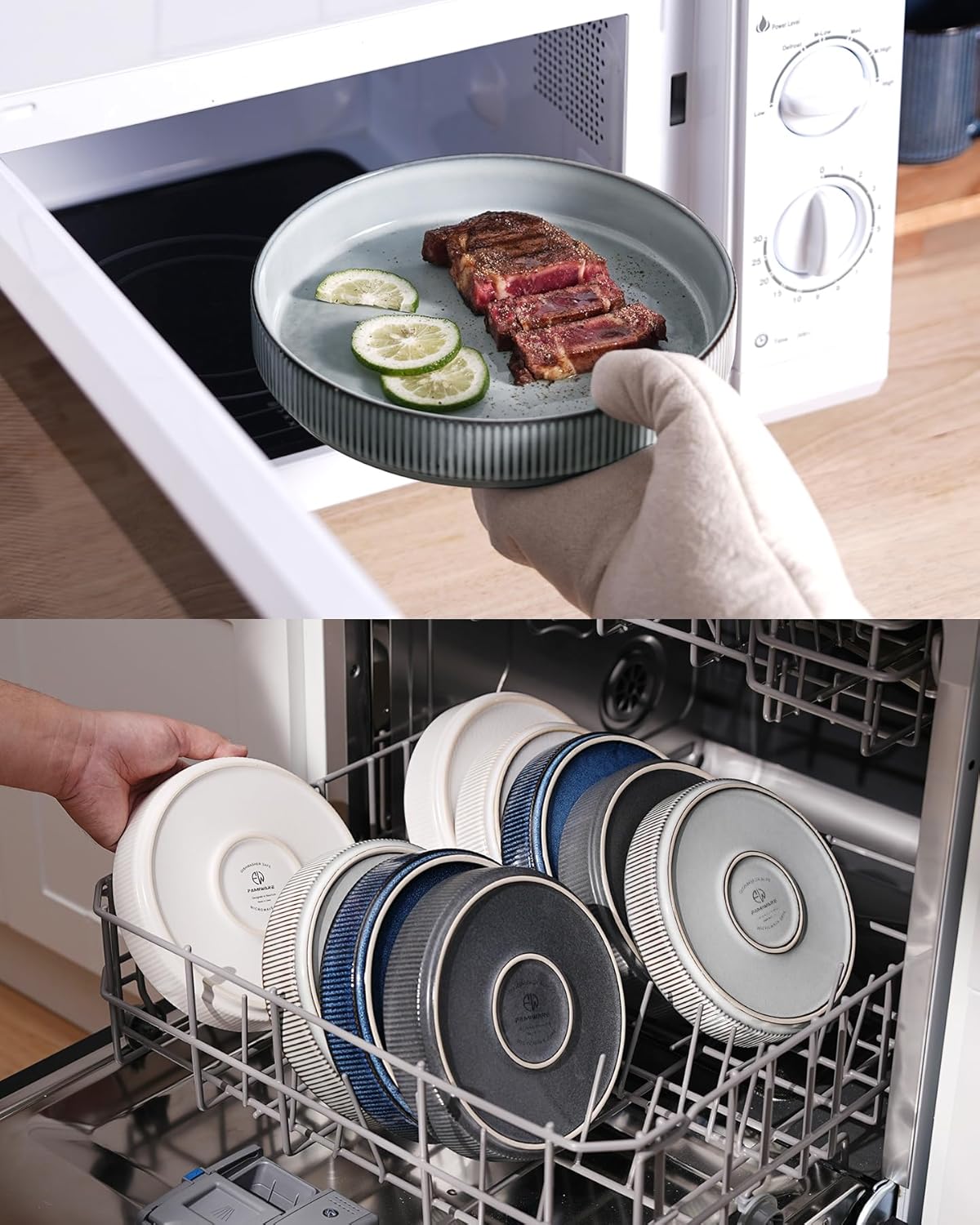 famiware Star 7.5" Pasta Bowls Set, Salad Bowl Set of 4, Double Reactive Glaze, Stackable, Ideal for Your Friend for Housewarming, Festivals, Smoky Blue