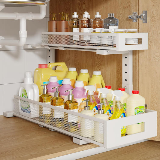 1 Pack 20.47IN Depth Under Sink Storage Organizer, Large 2-Tier Elegant Mesh Pull Out Shelf for Kitchen and Bathroom Cabinet Organization, L-Shaped and Adjustable Height Design-White