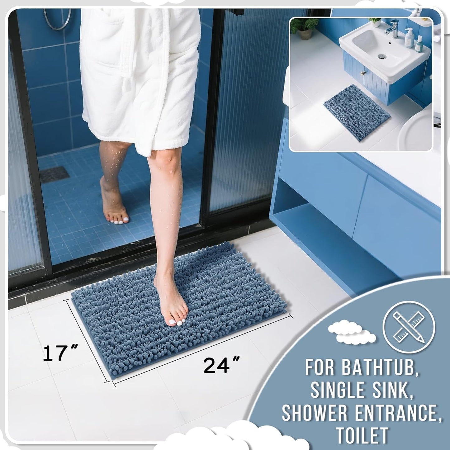 Yimobra Bathroom Rugs Non Slip Washable 24x17 Inch - Ultra Soft Absorbent Chenille Bath Mat, Quick Dry Shaggy Floor Carpet for Tub Shower, Denim Blue Home Decor Accessories
