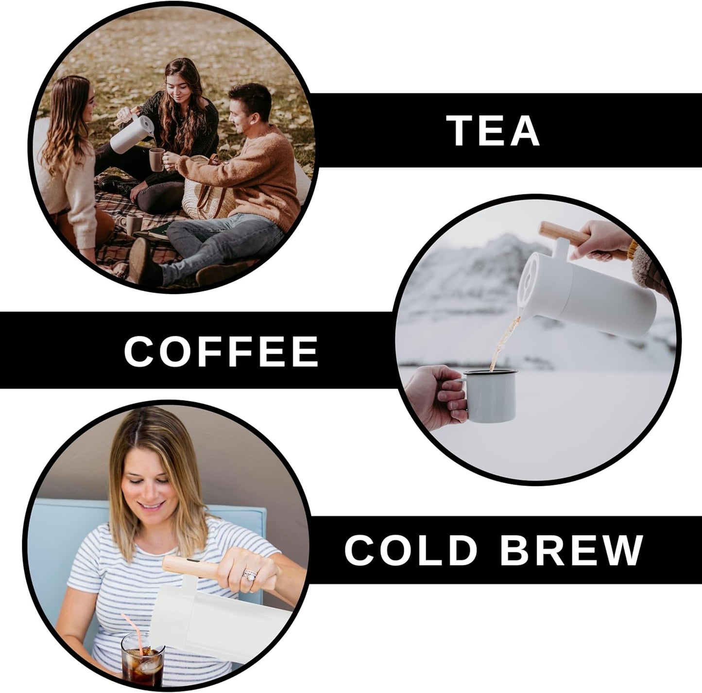 Hastings Collective Thermal Coffee Carafe 40 Oz - Stainless Steel Double Walled Vacuum Insulated Carafe - 1 Liter Thermal Coffee Pot Thermos, Travel Size Beverage Dispenser with Tea Infuser (White)