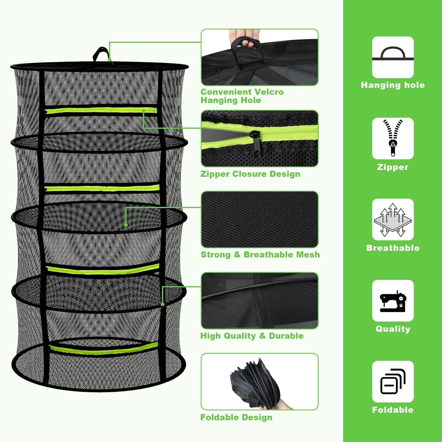 Herb Drying Rack - Mesh Drying Rack - Herb Drying Rack Hanging with Green Zipper & Garden Pruning Shears for Drying Herb - Hanging Drying Rack - Plant Drying Rack (4 Layers)
